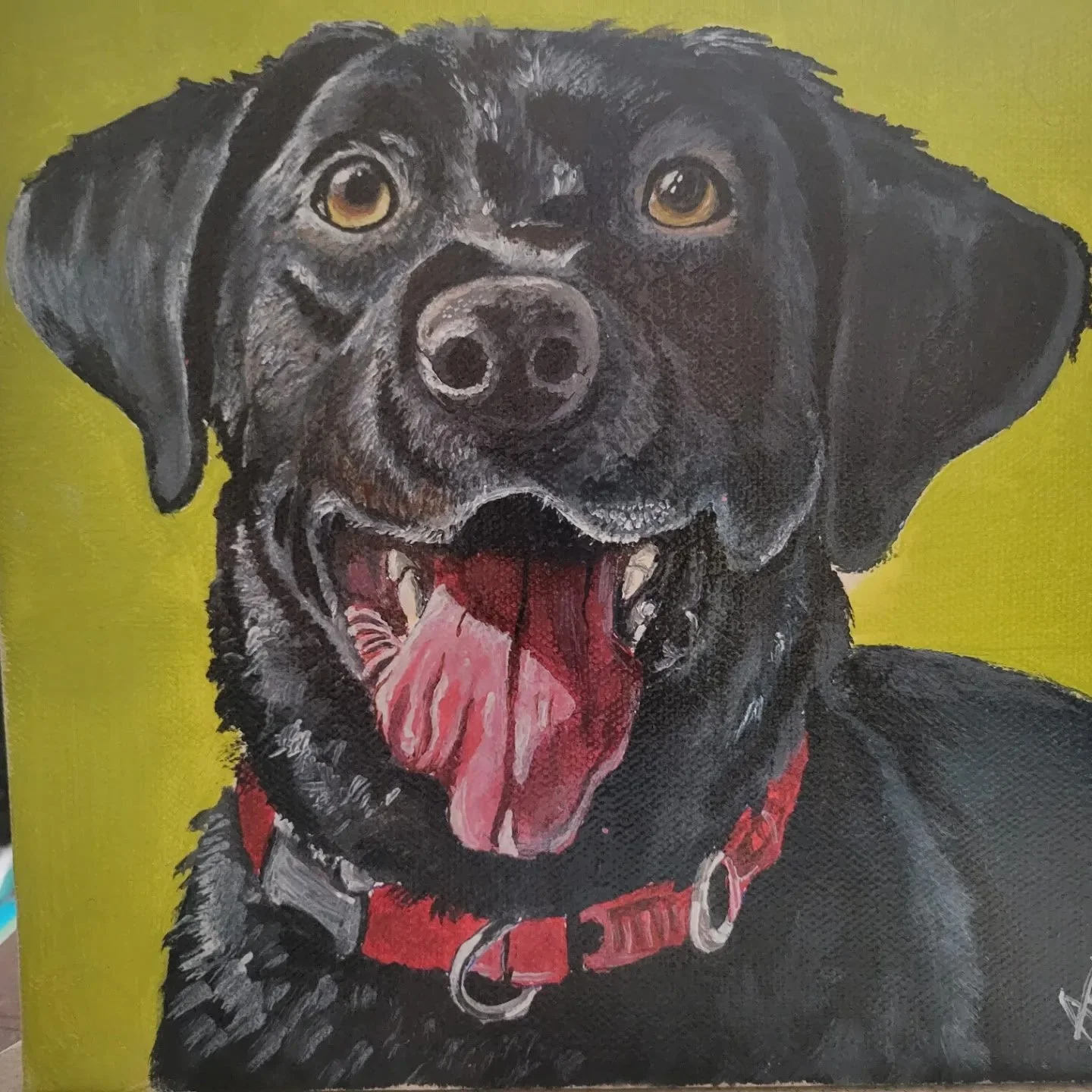 A detailed painting of a happy black Labrador retriever with a red collar, mouth open, tongue out, against a yellow background.