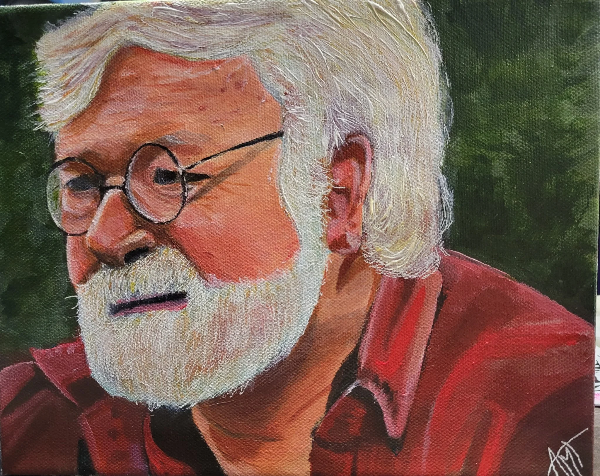 Close-up of a painted portrait of an elderly man with white hair, wearing glasses and a red shirt.