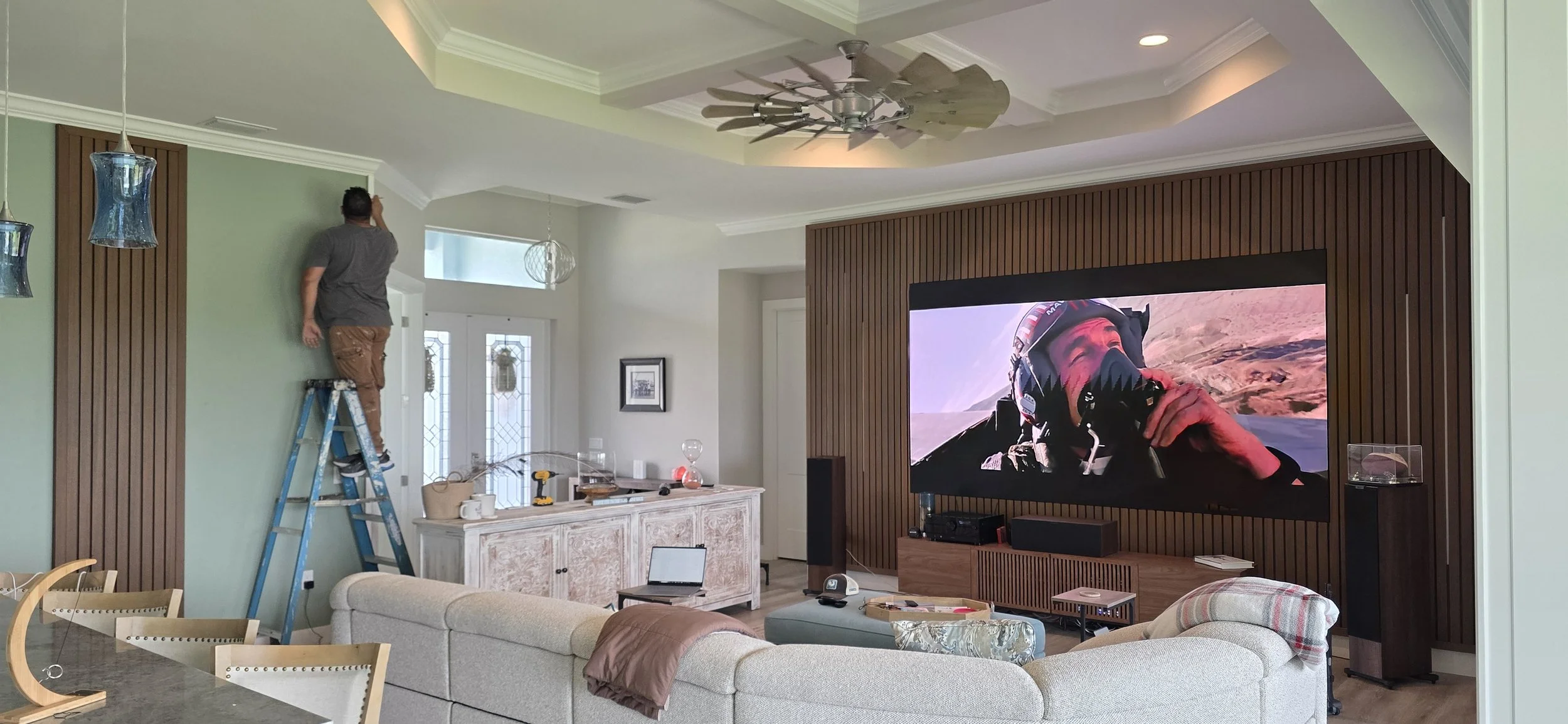 Custom indoor LED video wall integrated into a luxury residential living space