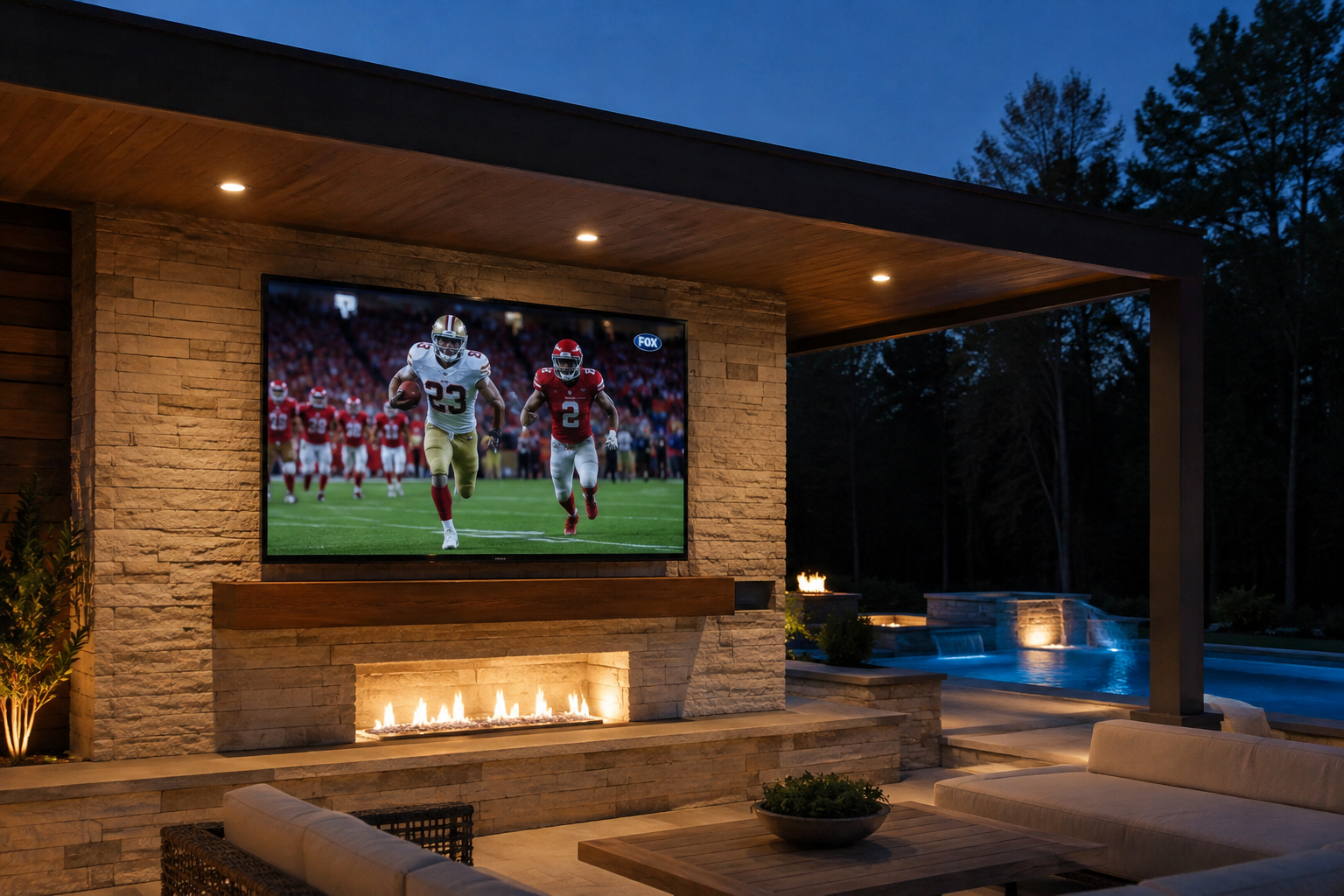 Outdoor LED video wall for a luxury patio and pool entertainment area