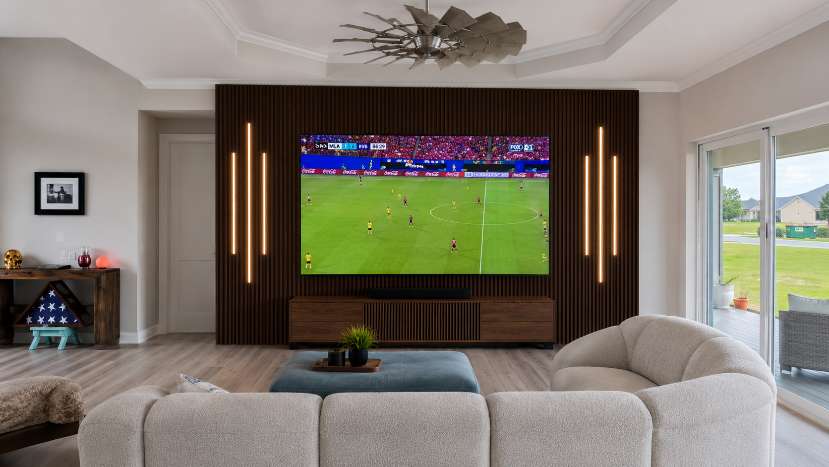 Living room with a large flat-screen TV showing a soccer game, modern wooden entertainment center, beige curved sofa, light wood flooring, sliding glass door leading outside, and decorative wall lighting on a wooden panel behind the TV.