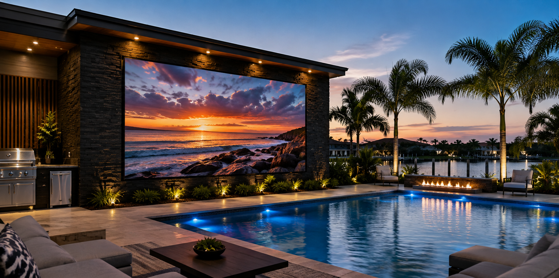 Luxurious outdoor backyard with pool, large TV displaying a sunset over the ocean, palm trees, fire feature, and patio seating at dusk.