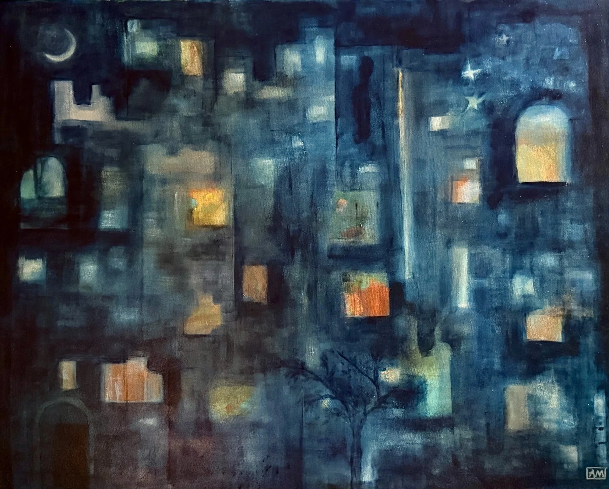 "Reflections"/ "Midnight on Broadway", 2026  Acrylic on canvas  18 x 22