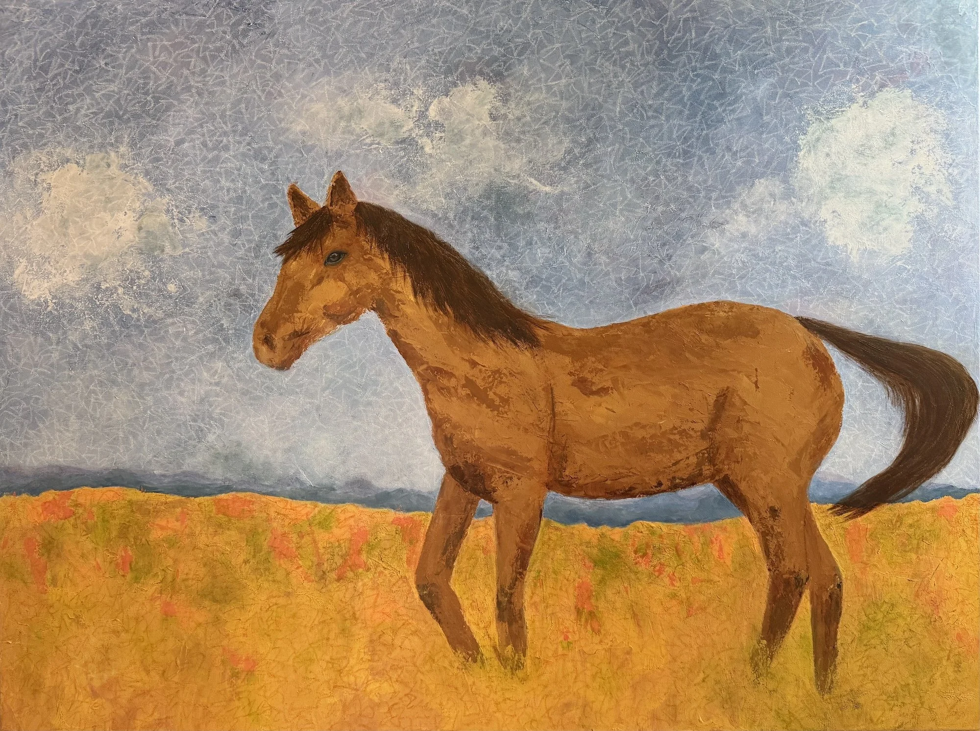 "Caught in the Act of Freedom", 2026  Acrylic and oil pastel of canvas  36 x 48