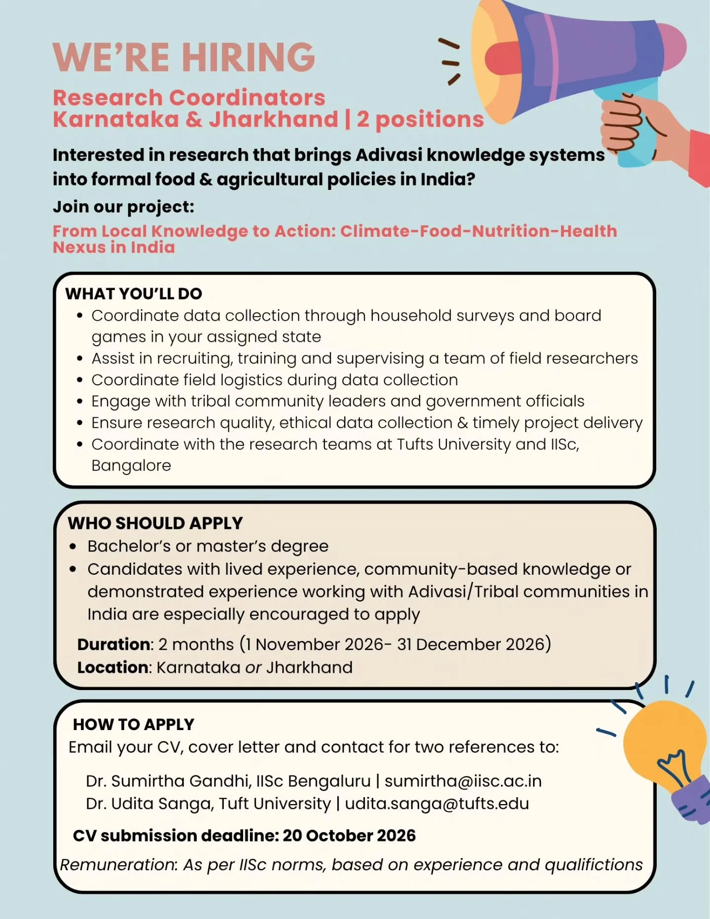 📢 WE'RE HIRING!

Are you passionate about Indigenous (Adivasi) knowledge systems, climate change, food systems, and community-engaged research?

We're looking for researchers to join our project &ldquo;From Local Knowledge to Action: Climate&ndash;F