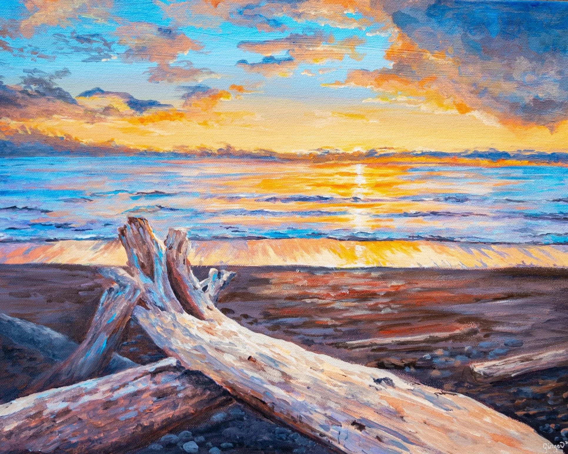 A colorful painting of a sunset or sunrise over the ocean, with a sky filled with clouds and a golden glow on the water, and a piece of driftwood on the sandy beach in the foreground.