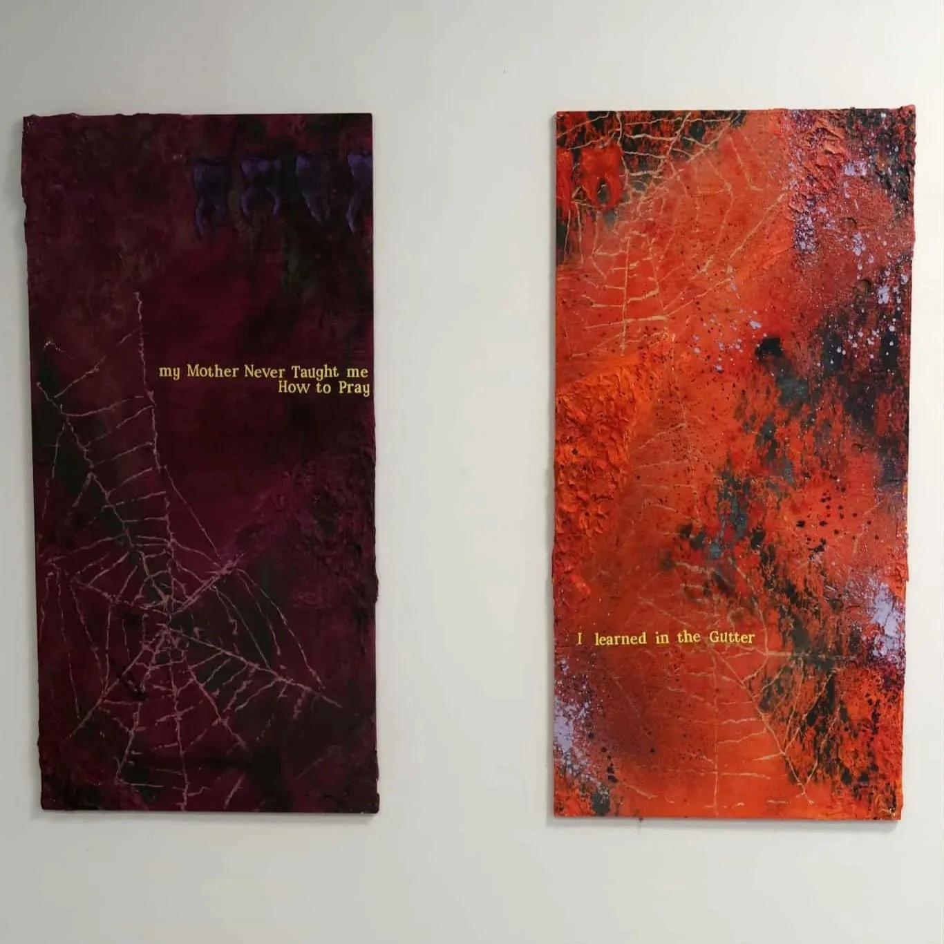 "I Have to Laugh, or I will Scream (Say a Prayer for Me)."
Acrylic, aerosol, and stickers on plywood. Dyptych, both 24x48”
2025