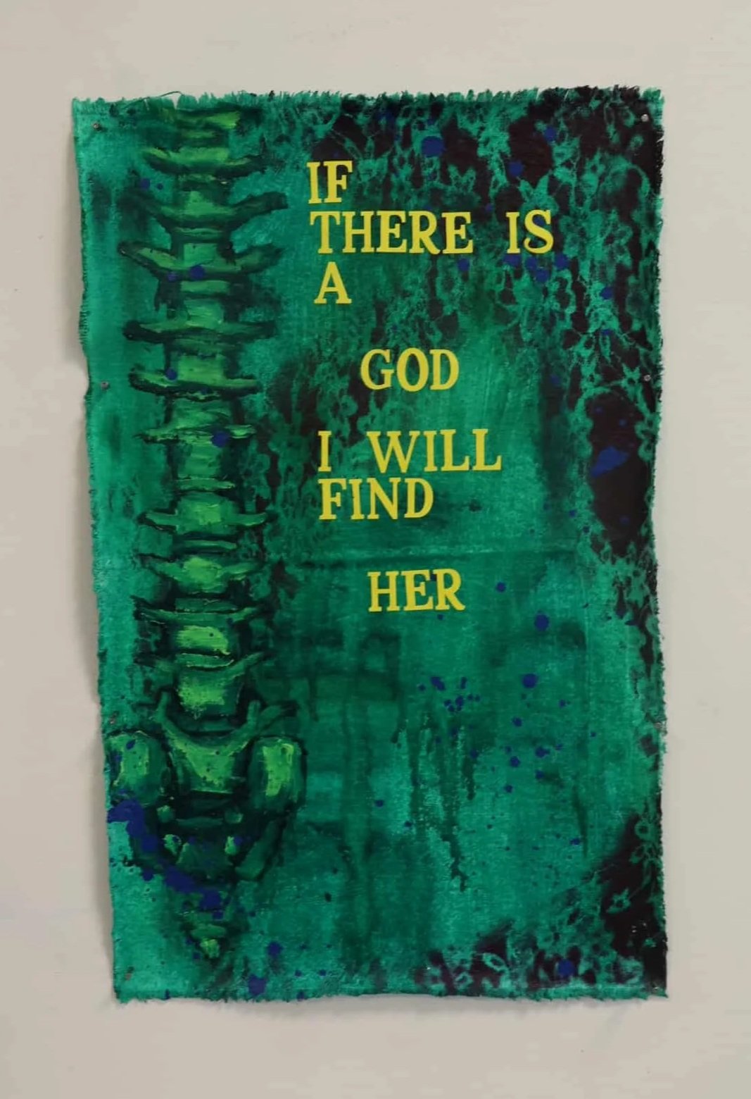 "I Have to Laugh, or I will Scream (SHE)."
Acrylic, aerosol, and stickers on un-stretched canvas, 18x11.5”.
2025