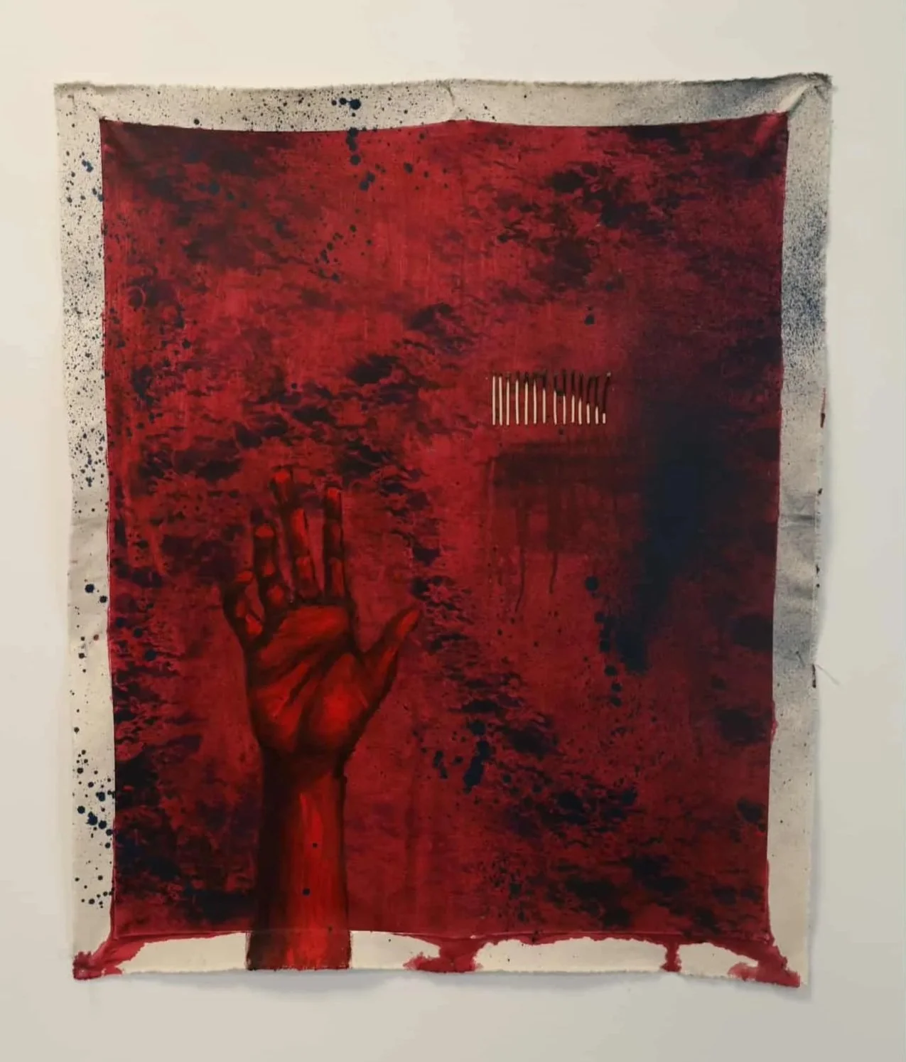 "I Have to Laugh, or I will Scream (Burnt out)."
Acrylic, aerosol, and burnt matches on un-stretched canvas, 37x31”.
2025