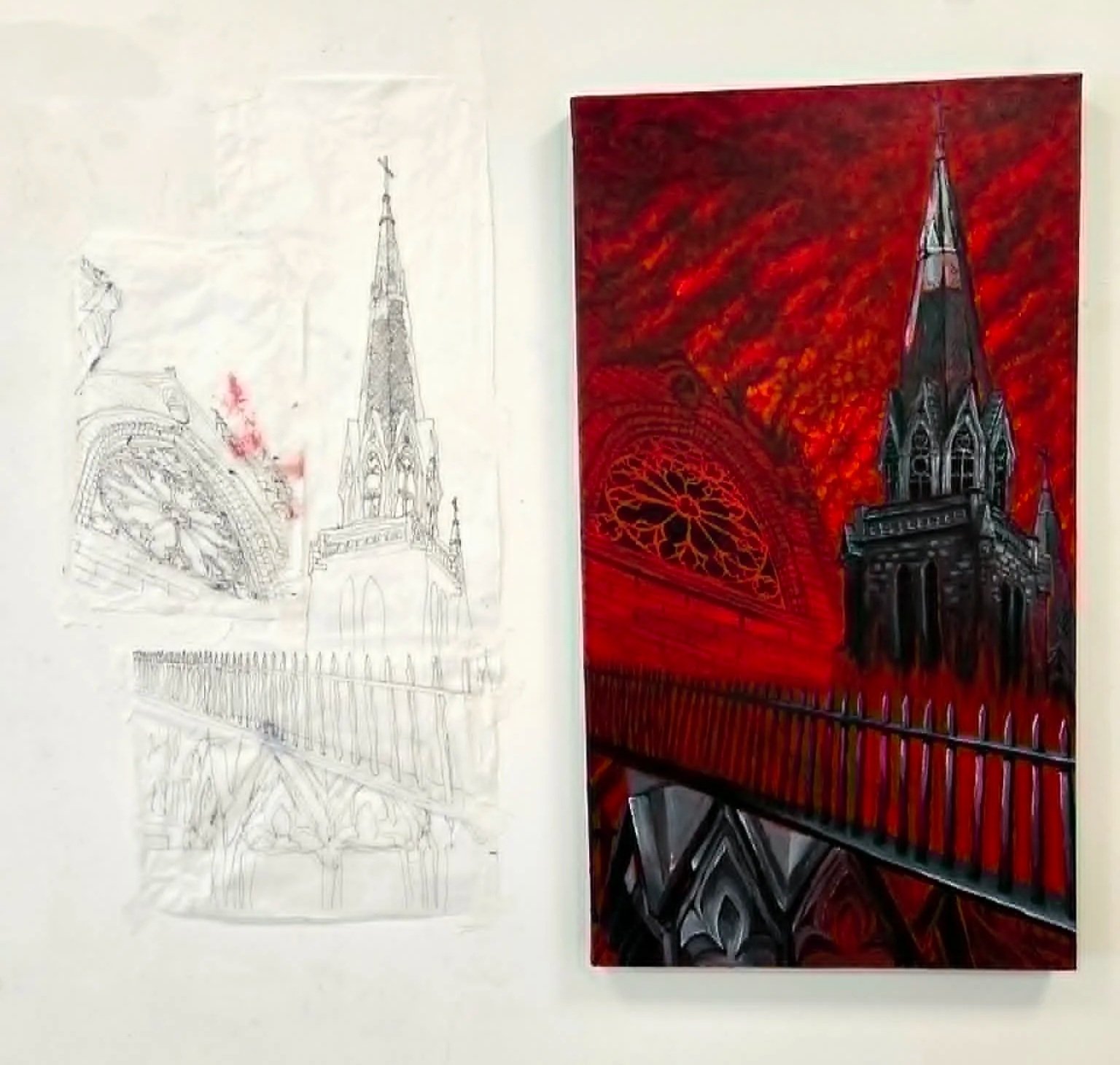 "You will not find salvation within four walls" (including planning)
Acrylic on canvas next to pen on tracing paper, 20x40".
2026