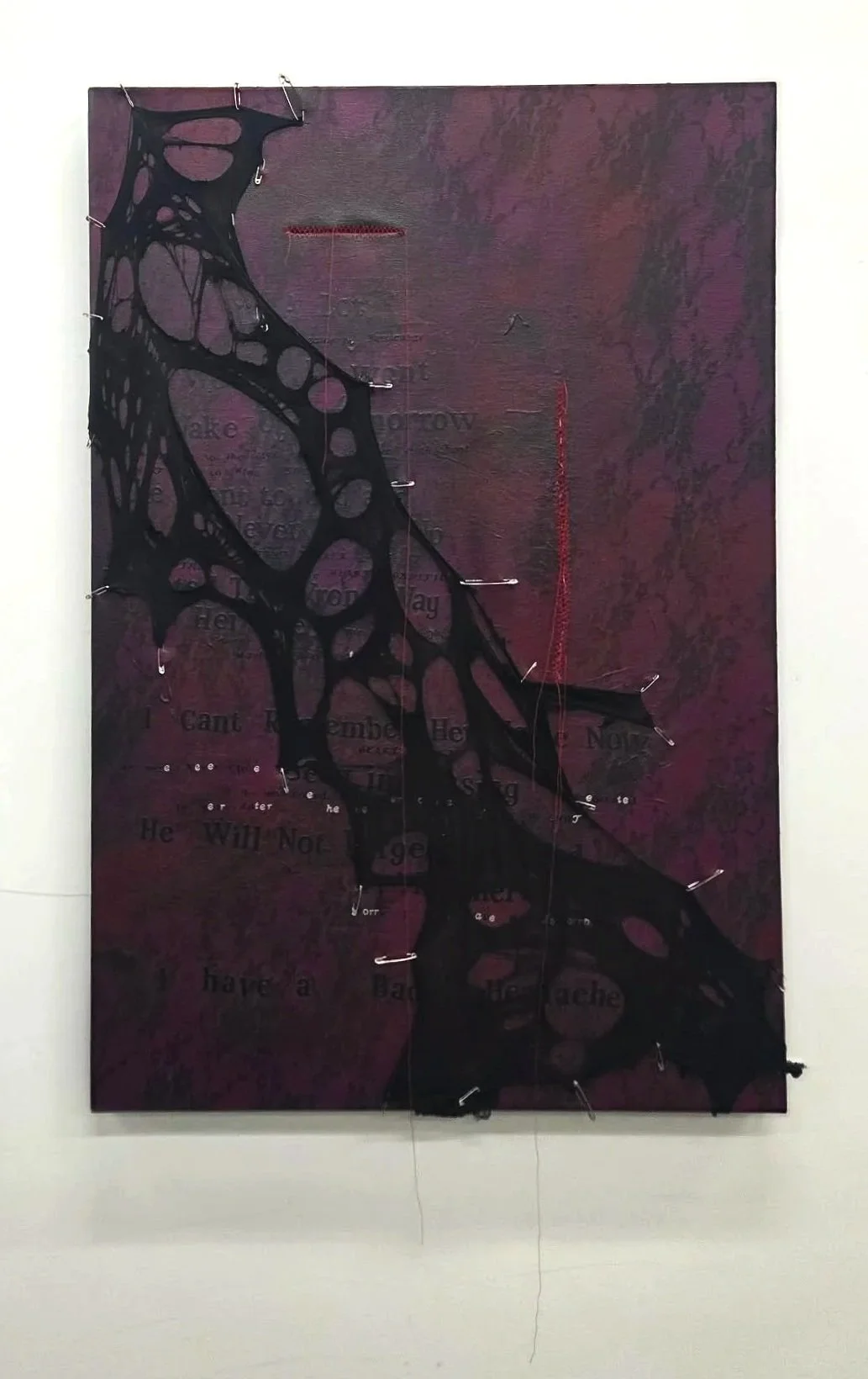 "I Have a Bad Headache"
Acrylic, aerosol, thread, stickers, nylon, and safety pins on canvas, 30x42".
2026