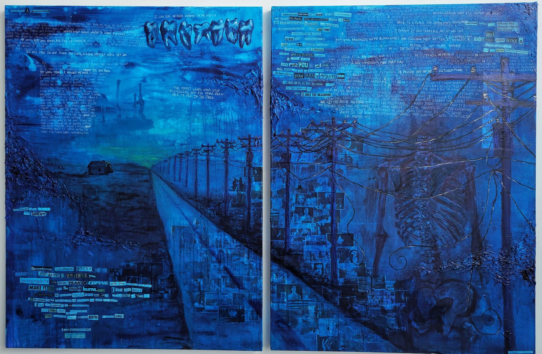 "Scenes From A Graveyard"
Mixed media (acrylic, magazine clippings, pen, pencil, and spackle) on canvas. Dyptych, both 36x48".
2023