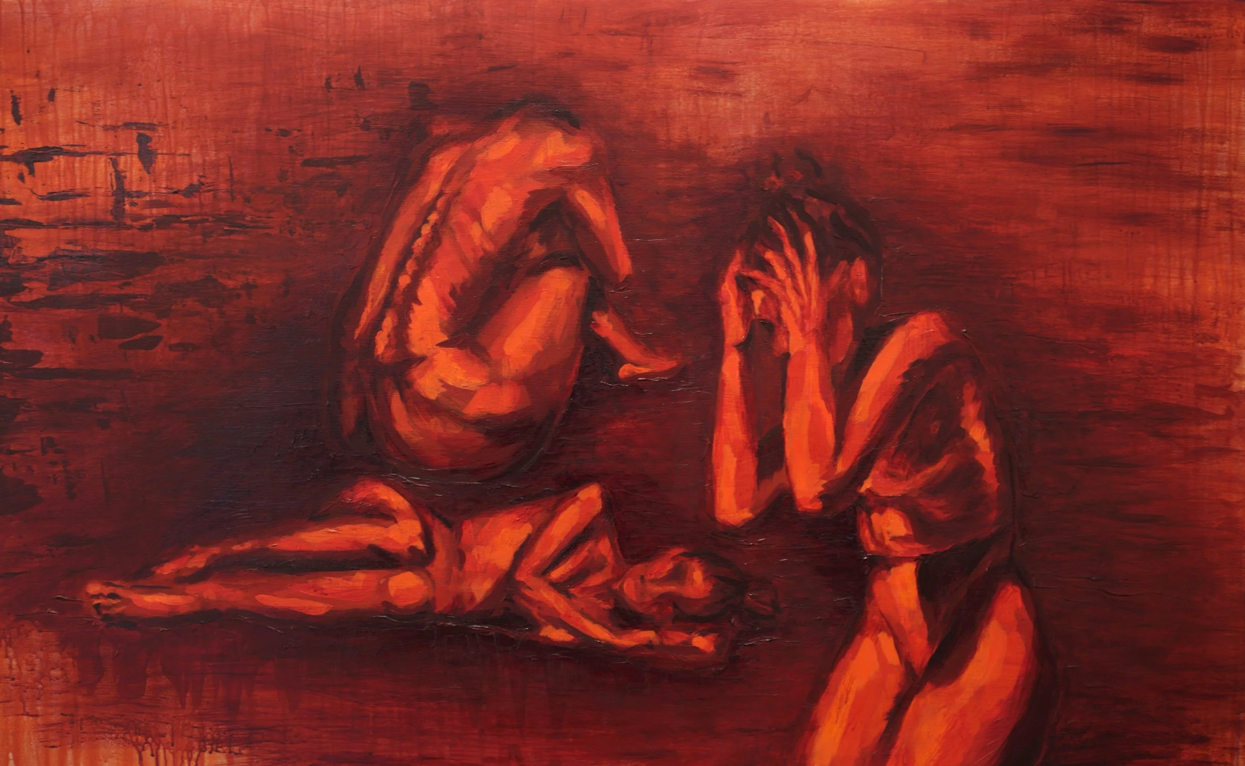"A Hole that does not End (Portrait of the Artist on Fire)"
Acrylic on wood panel, 30x48".
2021