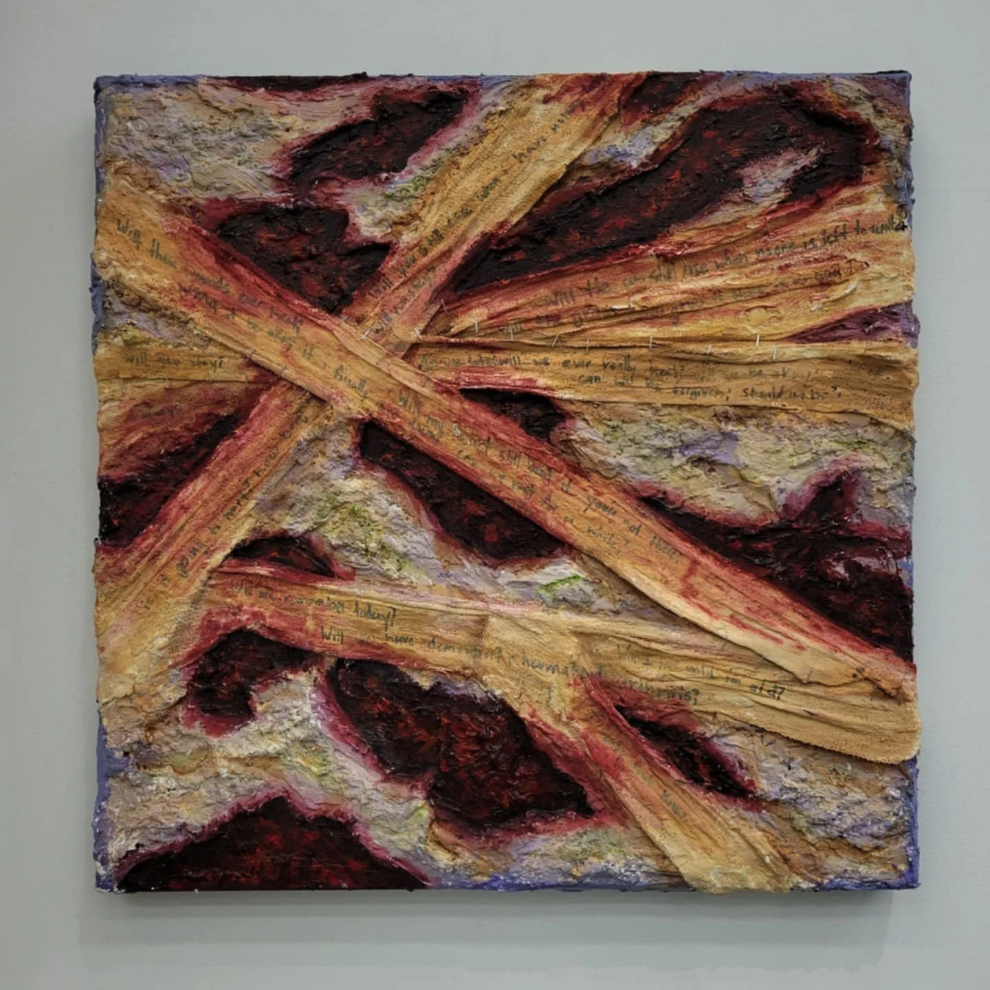 "Affliction"
Oil, acrylic, marker, plaster wrap, spackle, and staples on canvas, 24x24".
2024