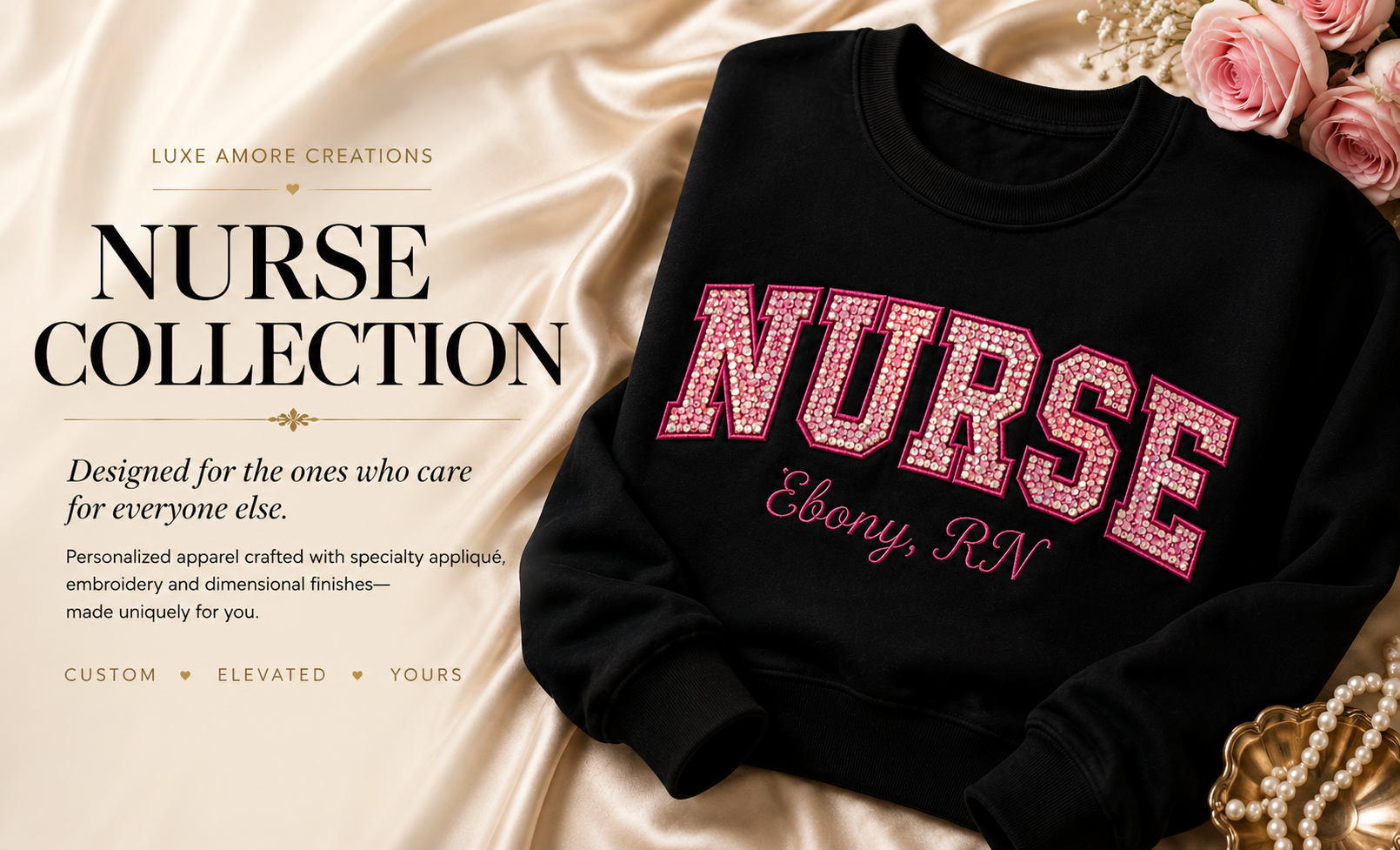 Custom nurse and healthcare apparel with embroidered jackets, scrubs, and accessories