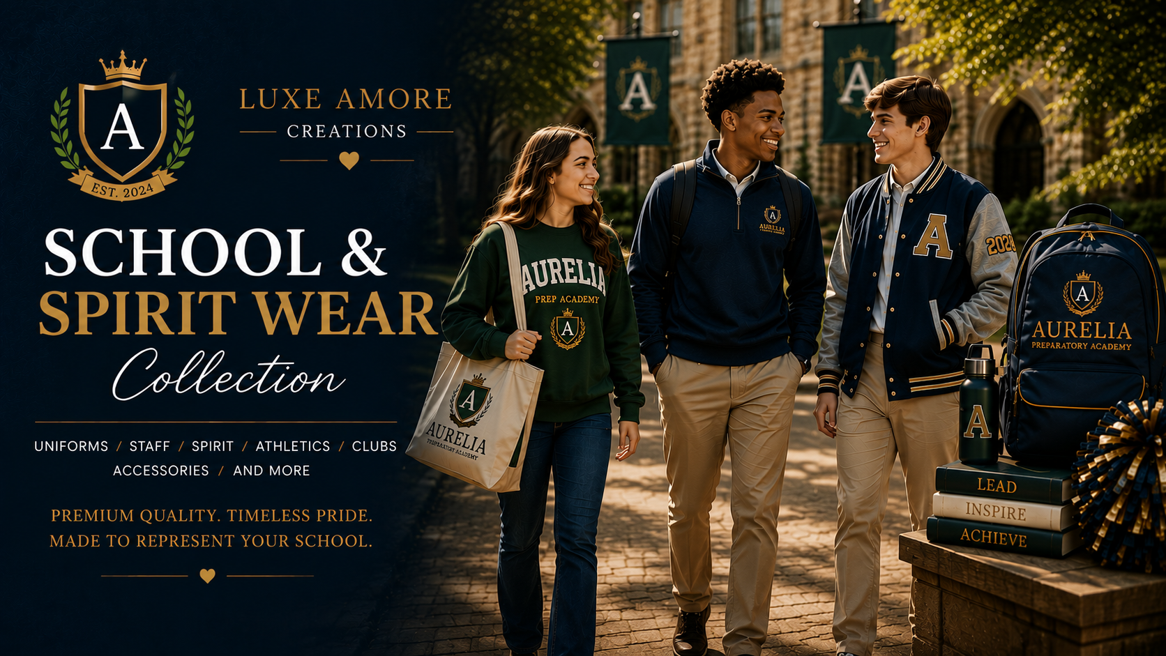 Premium school spirit wear including varsity jacket, sweatshirt, backpack, and accessories