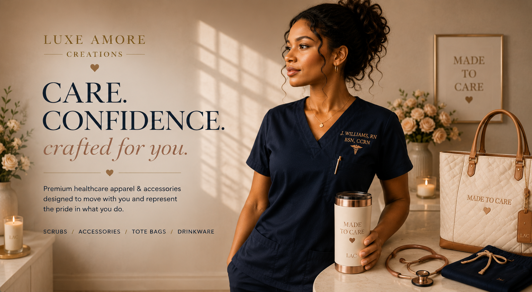 Custom nurse and healthcare apparel with embroidered jackets, scrubs, and accessories