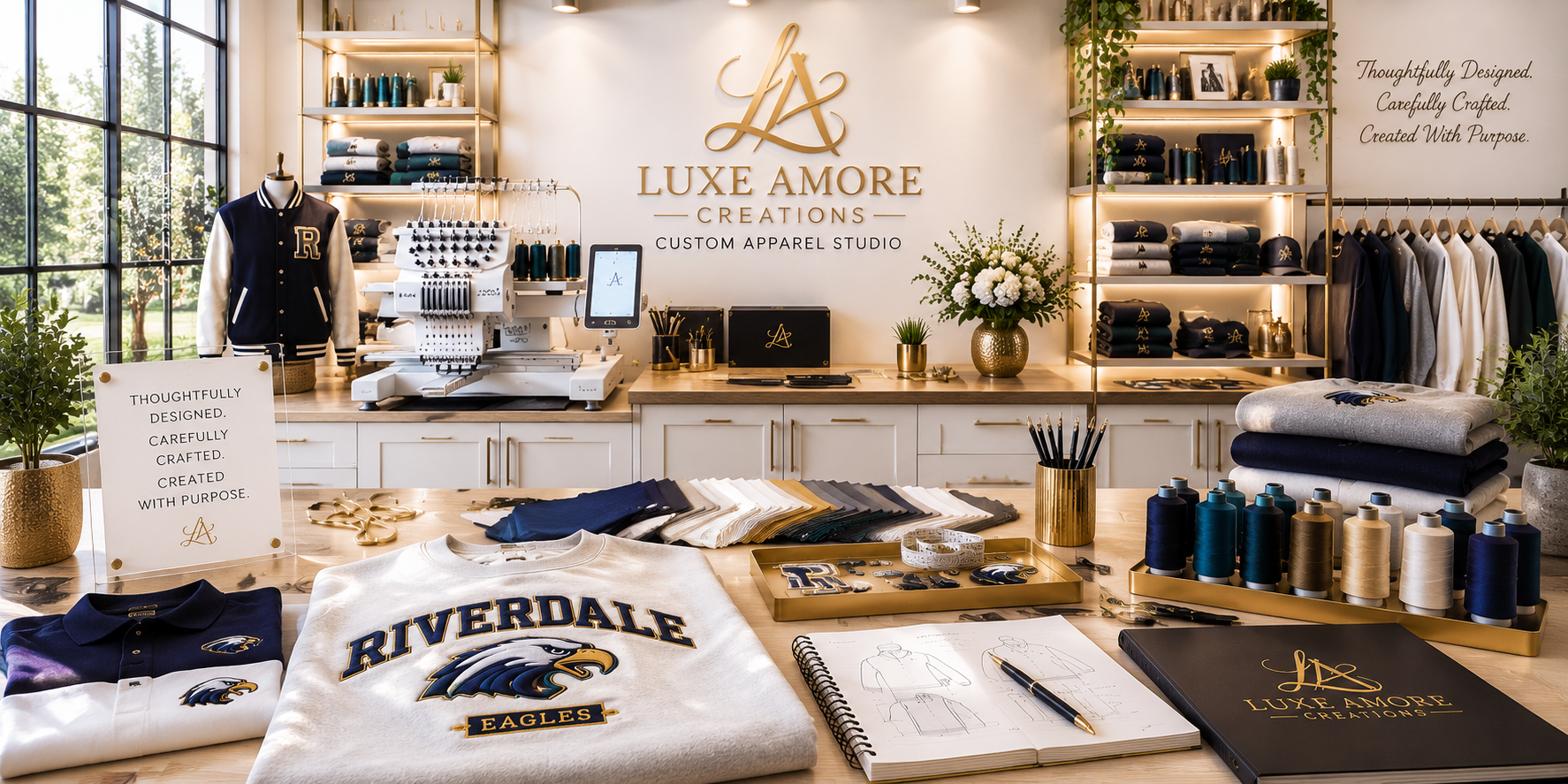 Luxury custom apparel studio with embroidery equipment, garments, and design materials