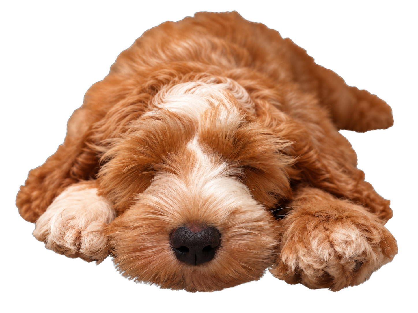 Murphy, a brown and white Australian Cobberdog resting with his head between his paws.