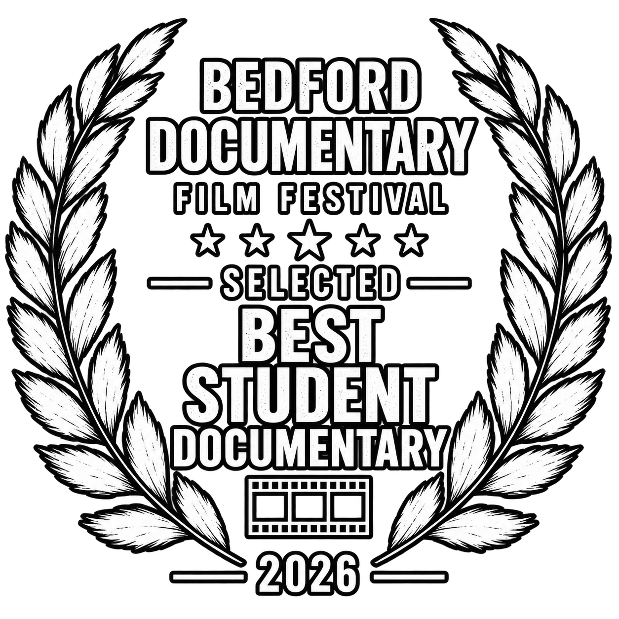 Laurel wreath surrounding text that reads 'Bedford Documentary Film Festival' with five stars, a film strip icon, and the year 2026, indicating an award or recognition.