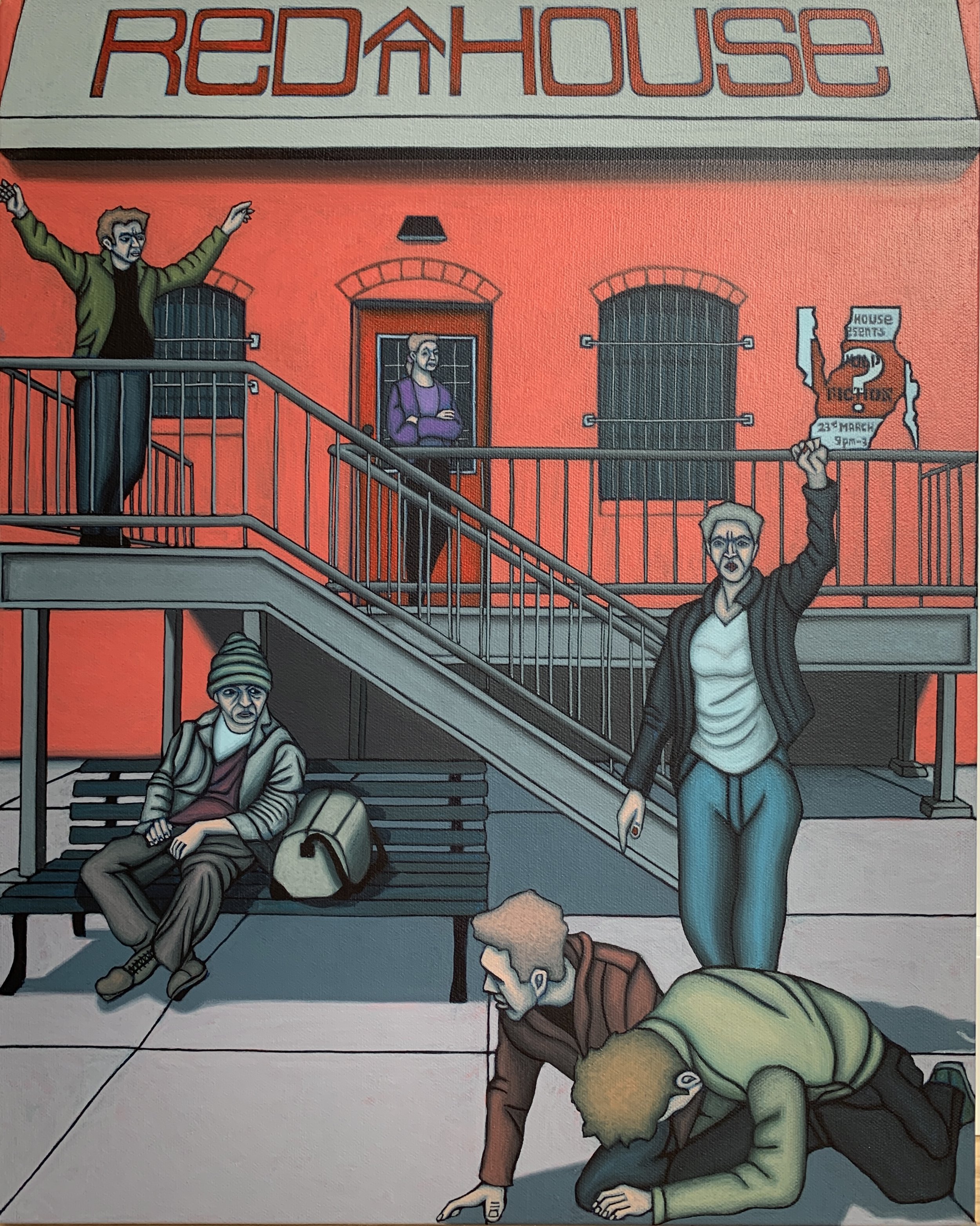 Rumble Outside the Red House 
- Acrylic on Canvas