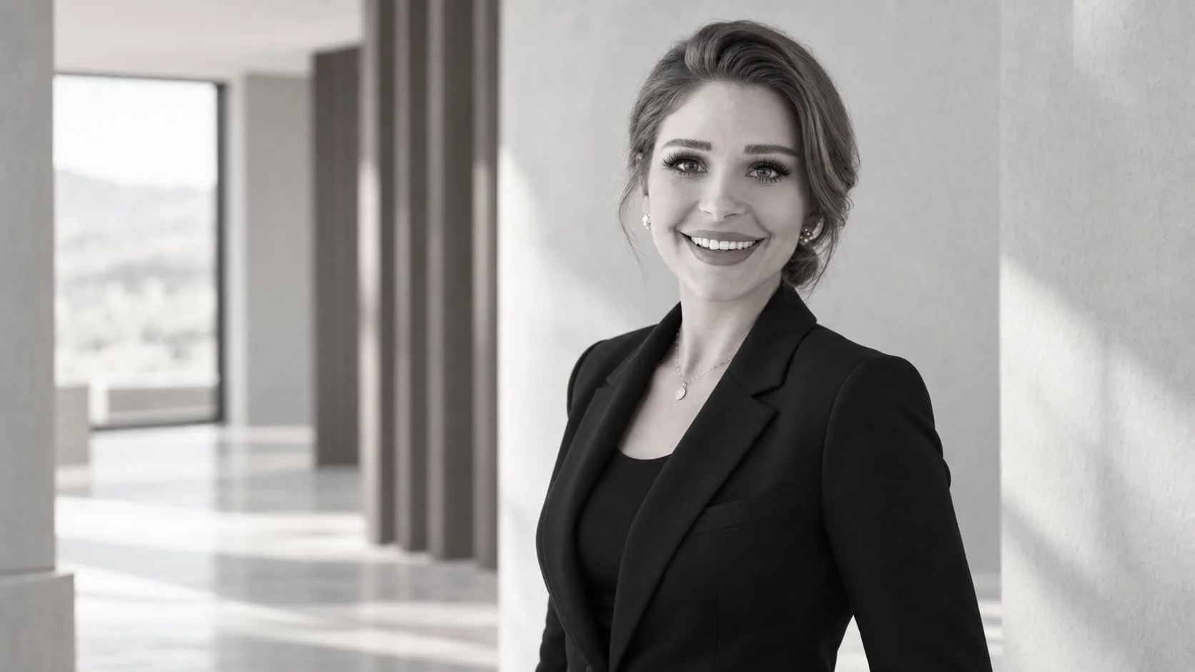 Monica Dabrowski in a black blazer smiling and leaning against a wall in a modern office hallway with large windows.