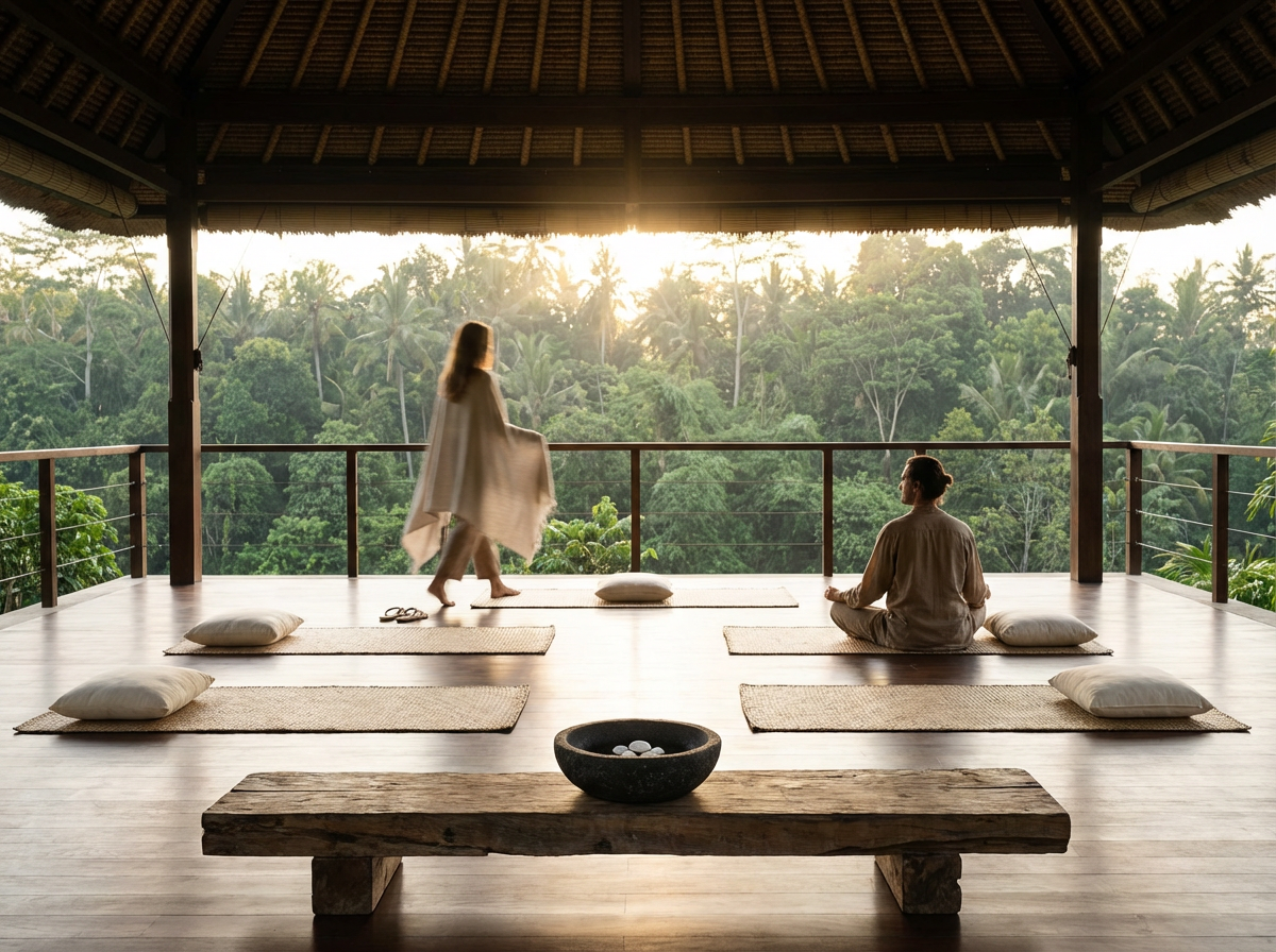 Two women in traditional clothing practicing meditation or yoga on mats in an open wooden pavilion overlooking a lush green forest during sunset.