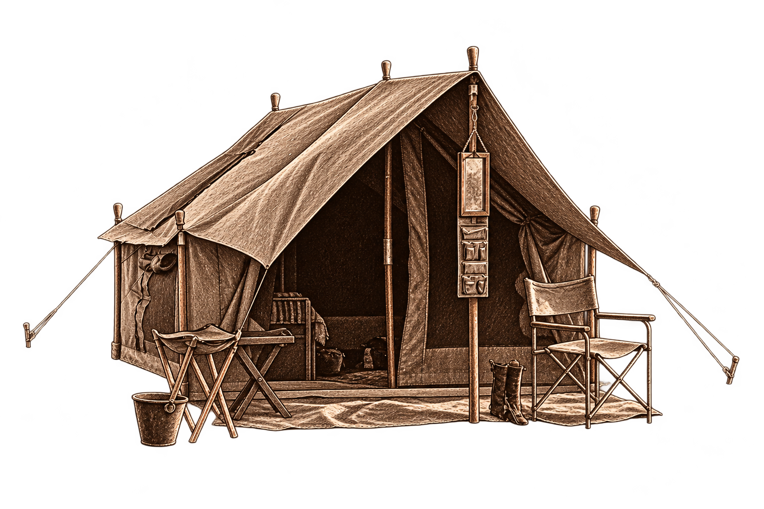 Pencil sketch of a canvas safari tent