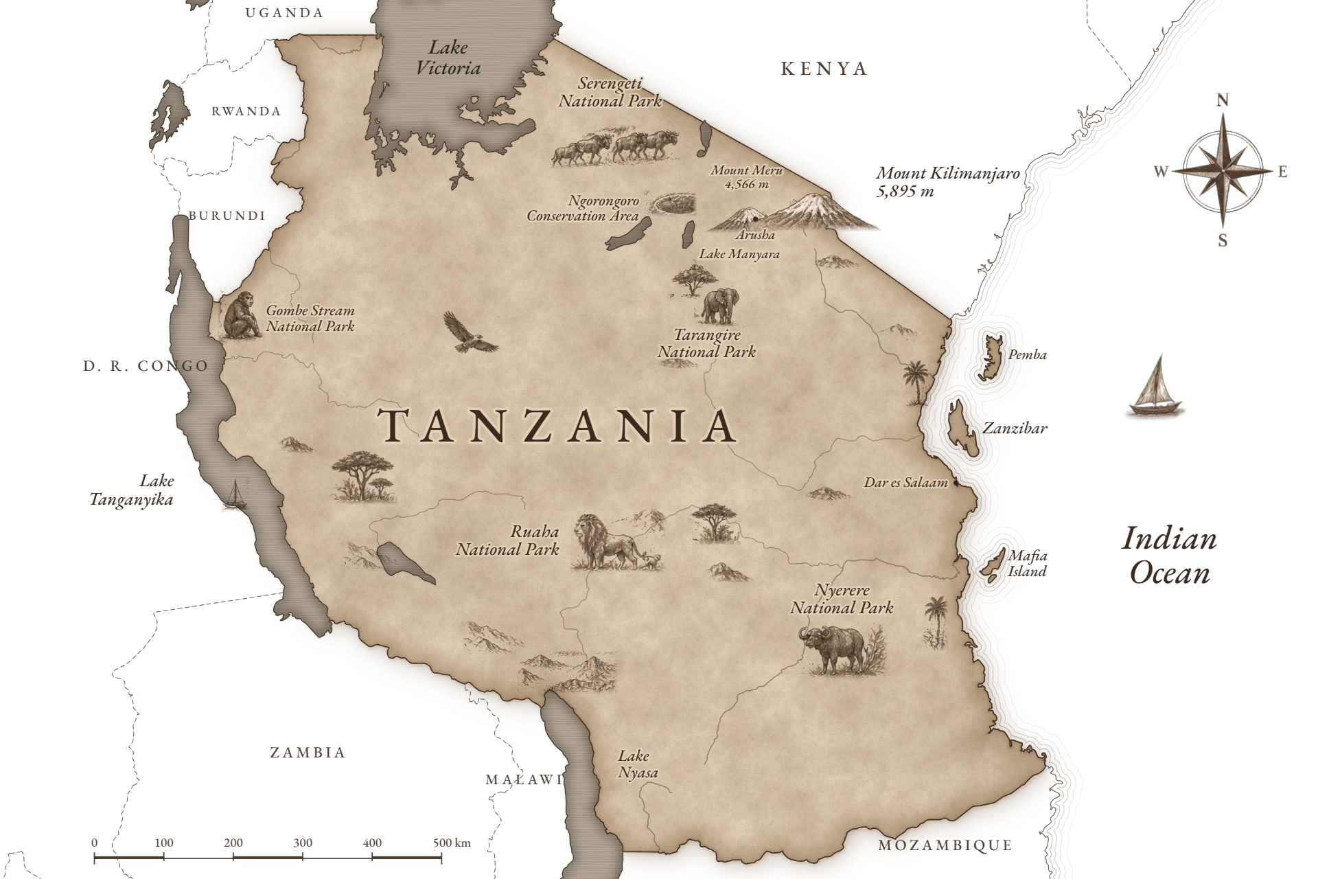 Illustrated map of Tanzania showing Mount Kilimanjaro, Mount Meru, the Serengeti, Ngorongoro, Tarangire, Ruaha, Nyerere, Gombe Stream and Zanzibar