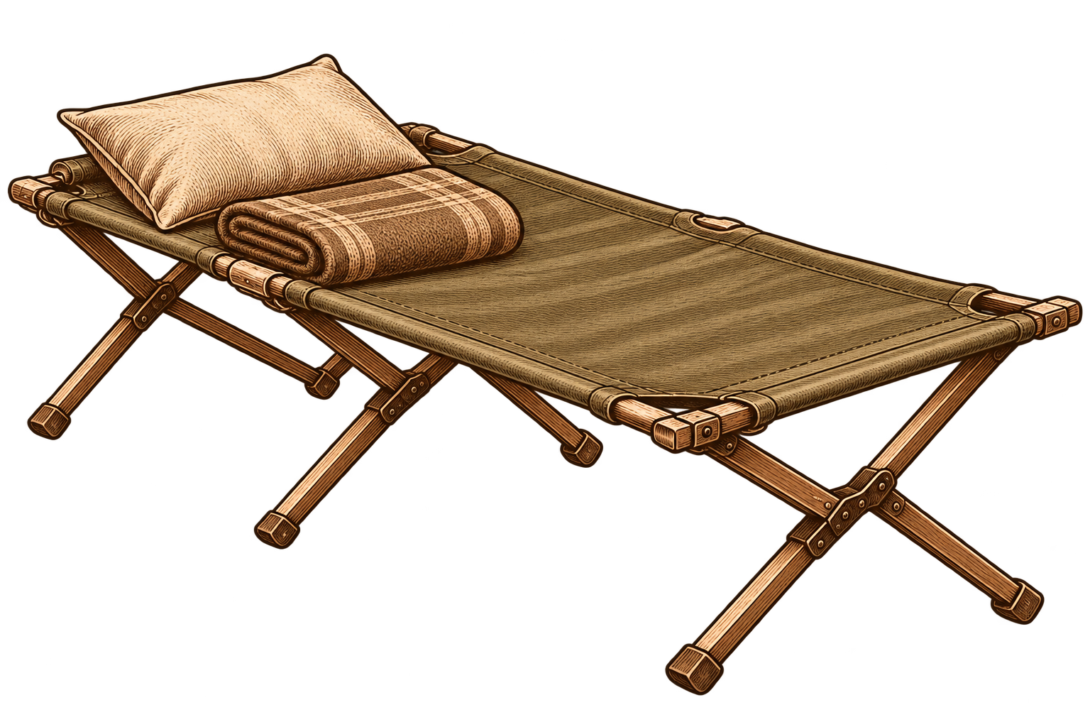 Pencil sketch of a safari camp bed