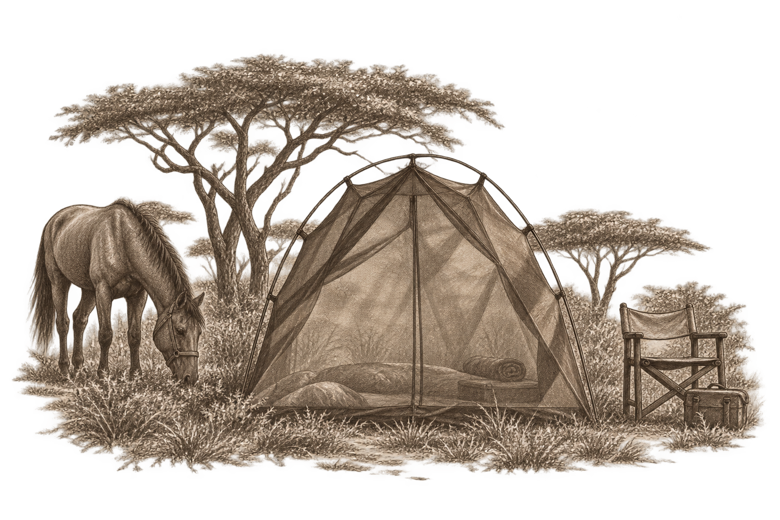Pencil sketch of a horse grazing beside a safari tent