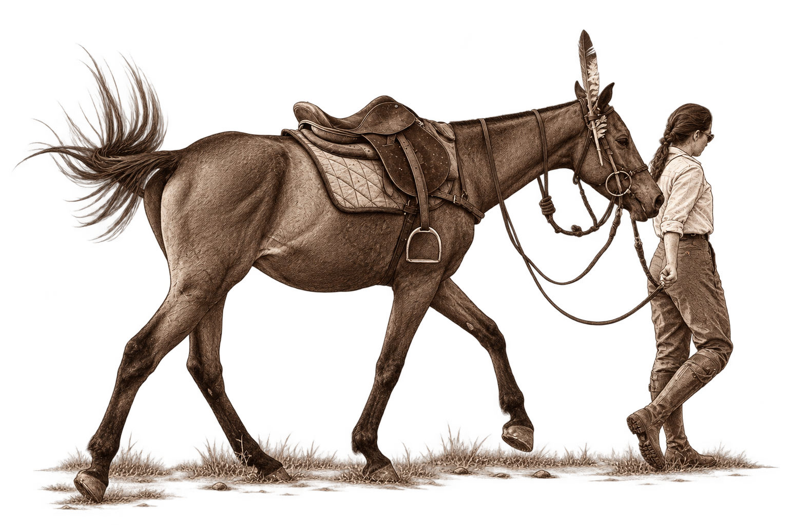 Pencil sketch of a rider leading a saddled horse