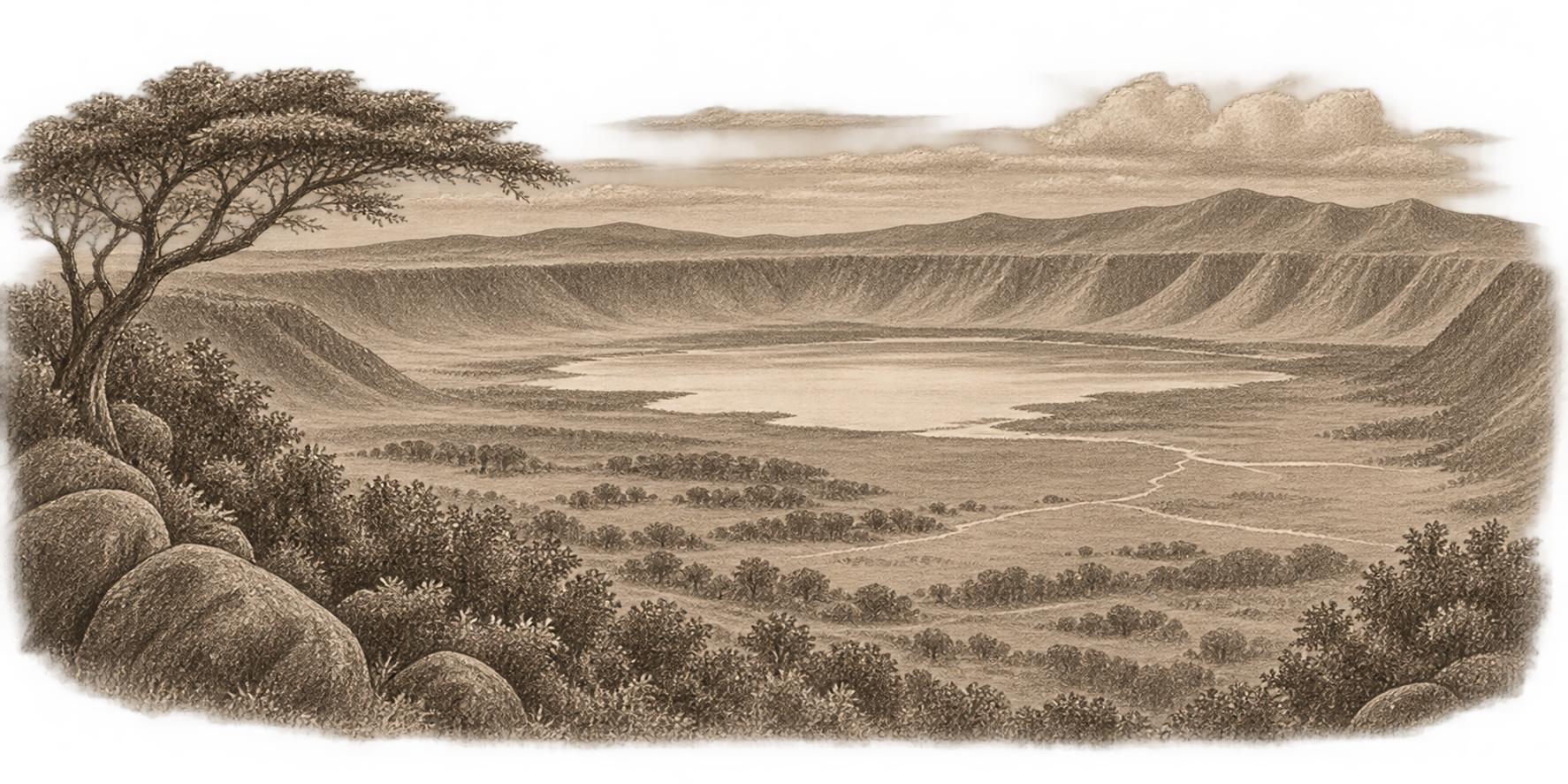 Pencil sketch of a crater landscape in northern Tanzania