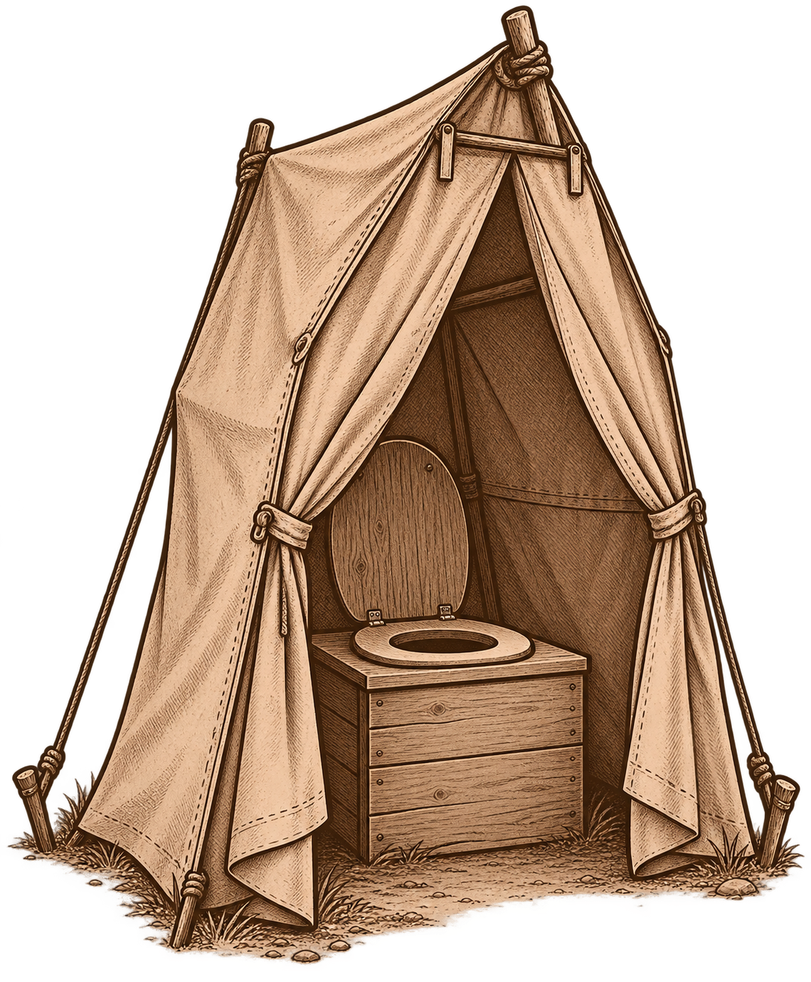 Pencil sketch of a bush toilet tent
