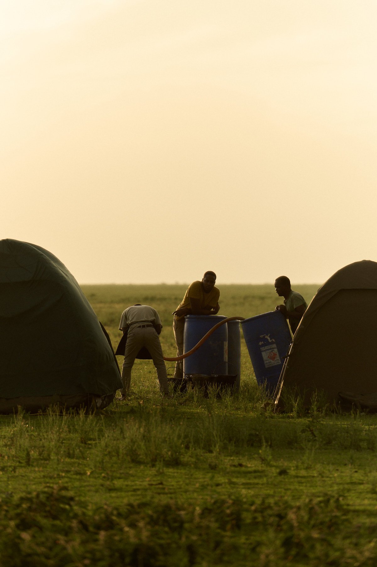Mobile camp tents in the golden evening light