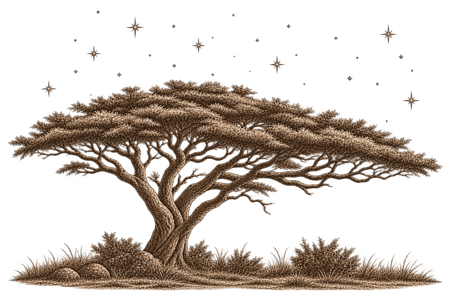 Pencil sketch of an acacia tree under the stars