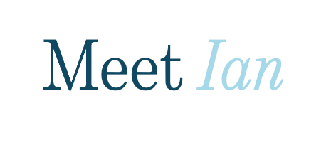 Text reading "Meet Ian" with "Meet" in dark blue and "Ian" in light blue on a black background.
