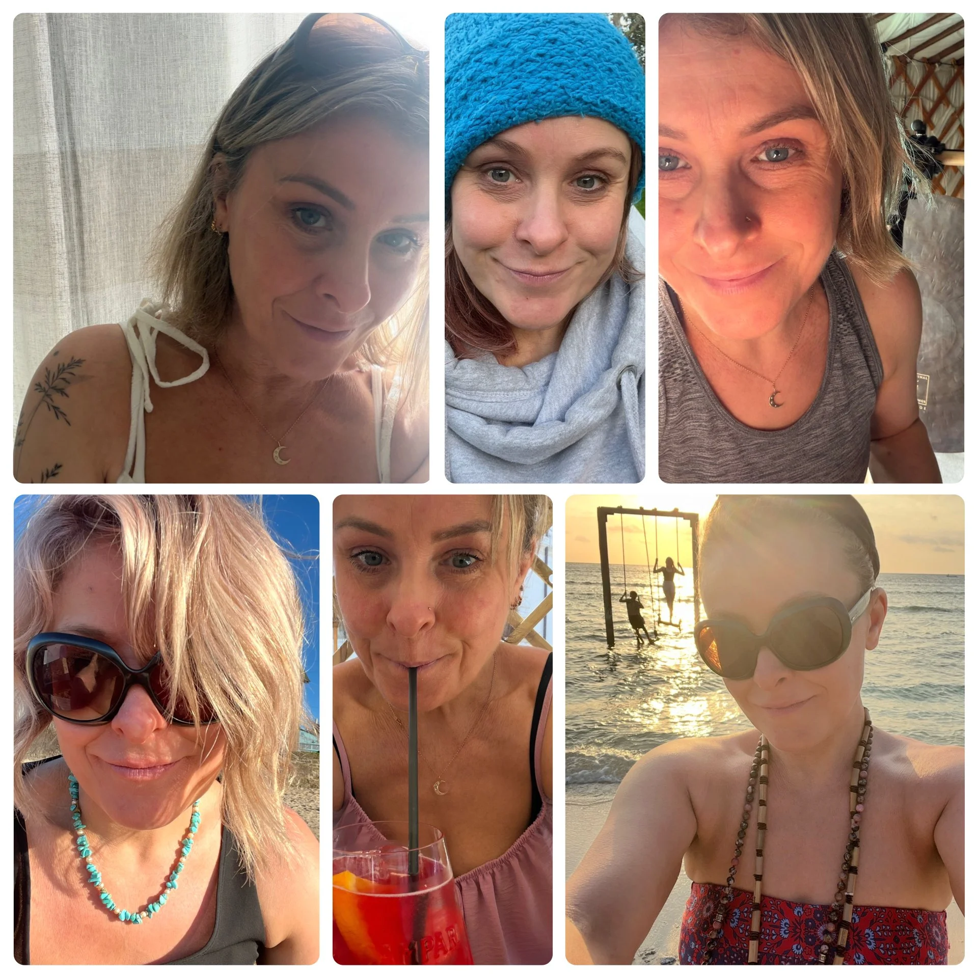 A collage of six photos featuring a woman with blonde hair. In the top left, she is indoors near a curtain, wearing sunglasses atop her head and a white tank top with a tattoo on her shoulder. In the top center, she is outdoors with a blue knit hat and a gray hoodie, smiling. In the top right, she is outdoors in a sleeveless top, smiling with a background of a tent. In the bottom left, she wears sunglasses and a beaded necklace, outdoors with a clear sky. In the bottom center, she is drinking a red beverage with a straw, wearing a pink top. In the bottom right, she is at the beach during sunset, wearing sunglasses and beach attire, with children on a swing set in the background.