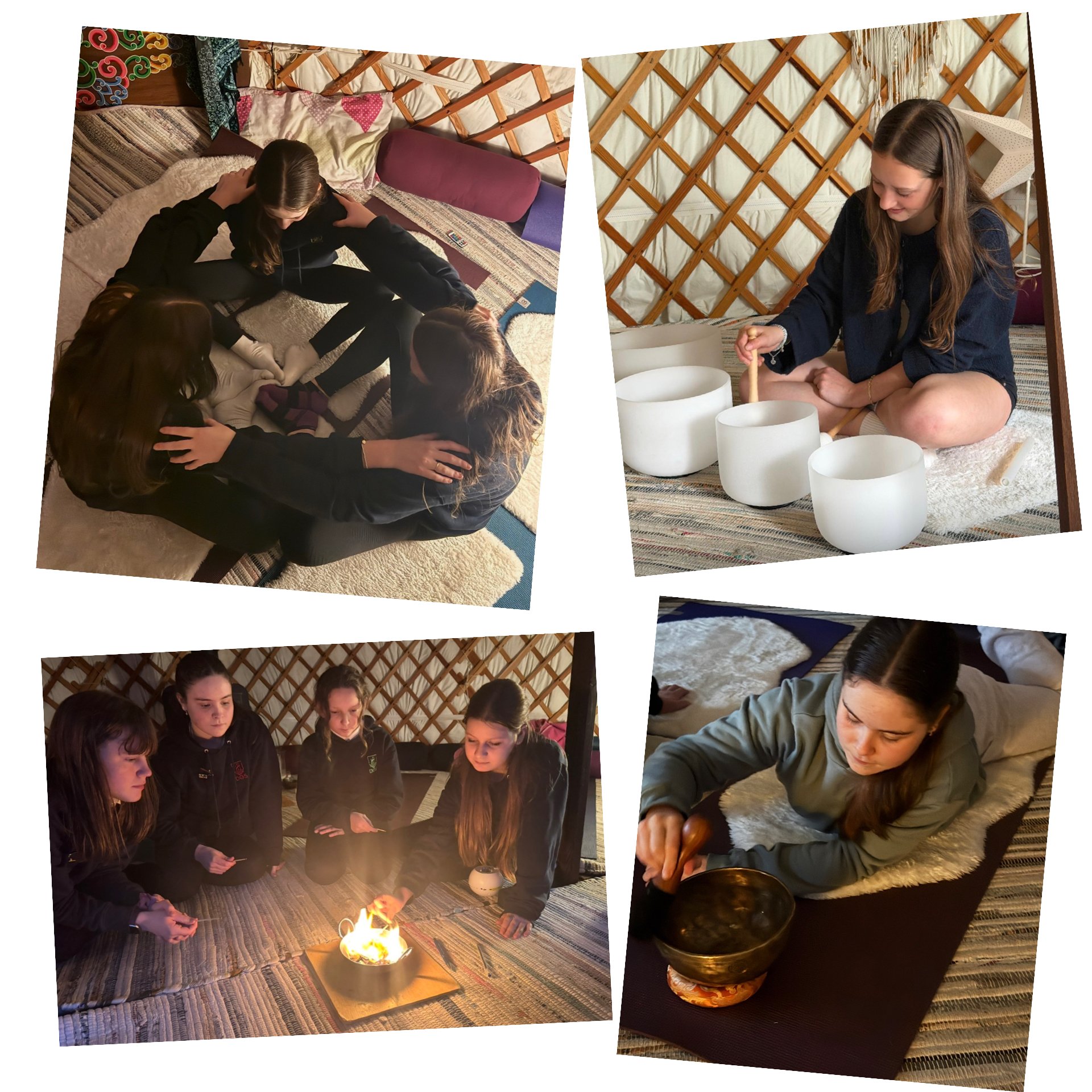 A group of young women gathered in a yurt, participating in a ceremony or workshop involving a fire and musical instruments, with some playing singing bowls.