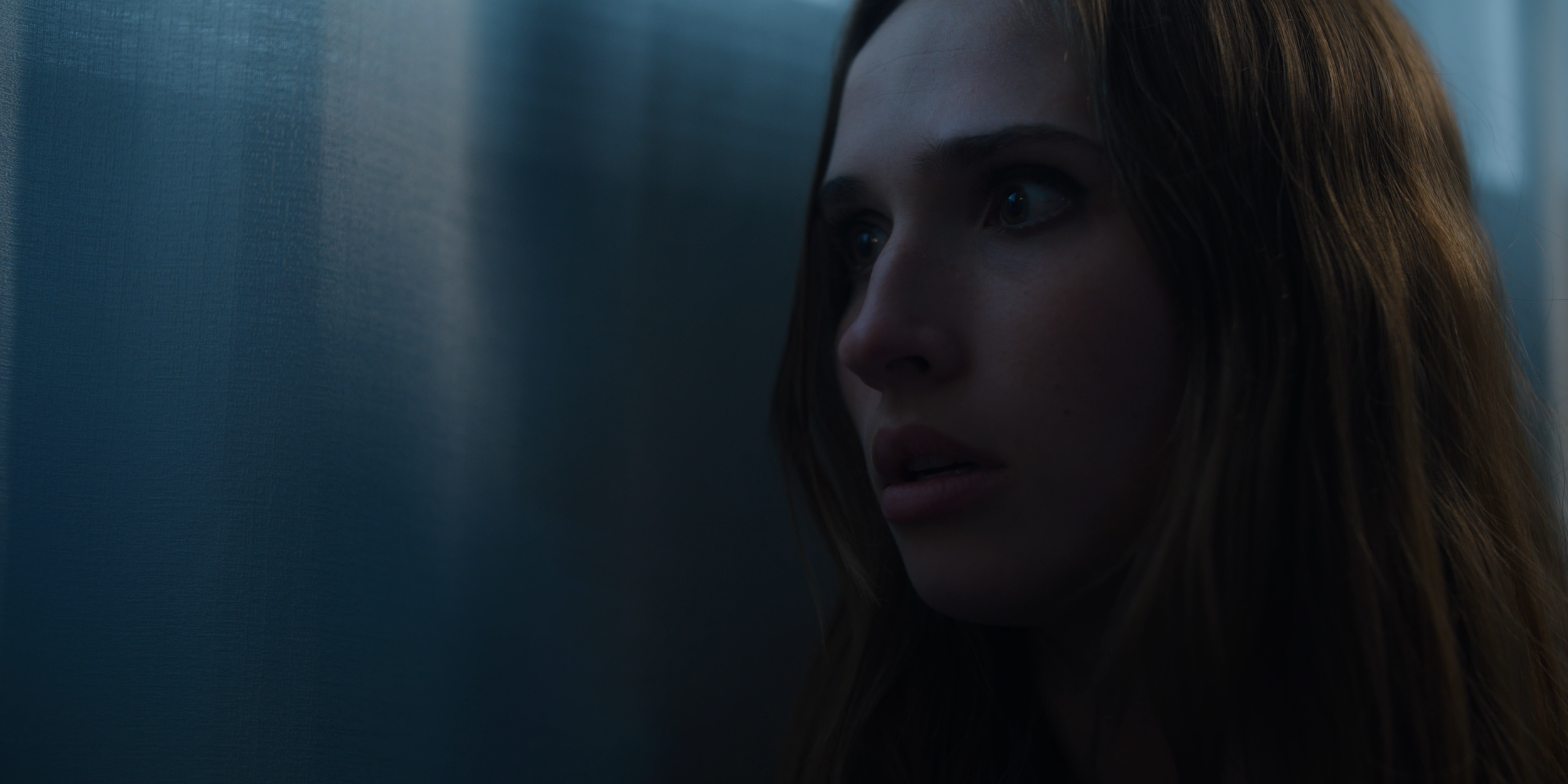 A young woman with long, brown hair and light skin gazes thoughtfully through a window during daytime, with soft natural light illuminating her face.