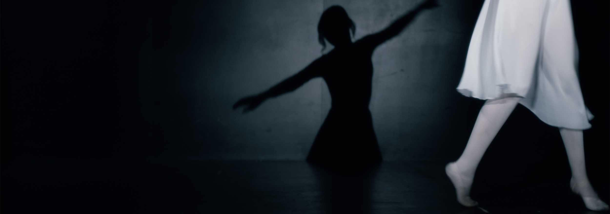 Silhouette of a ballet dancer in motion with a white tutu against a dark background.