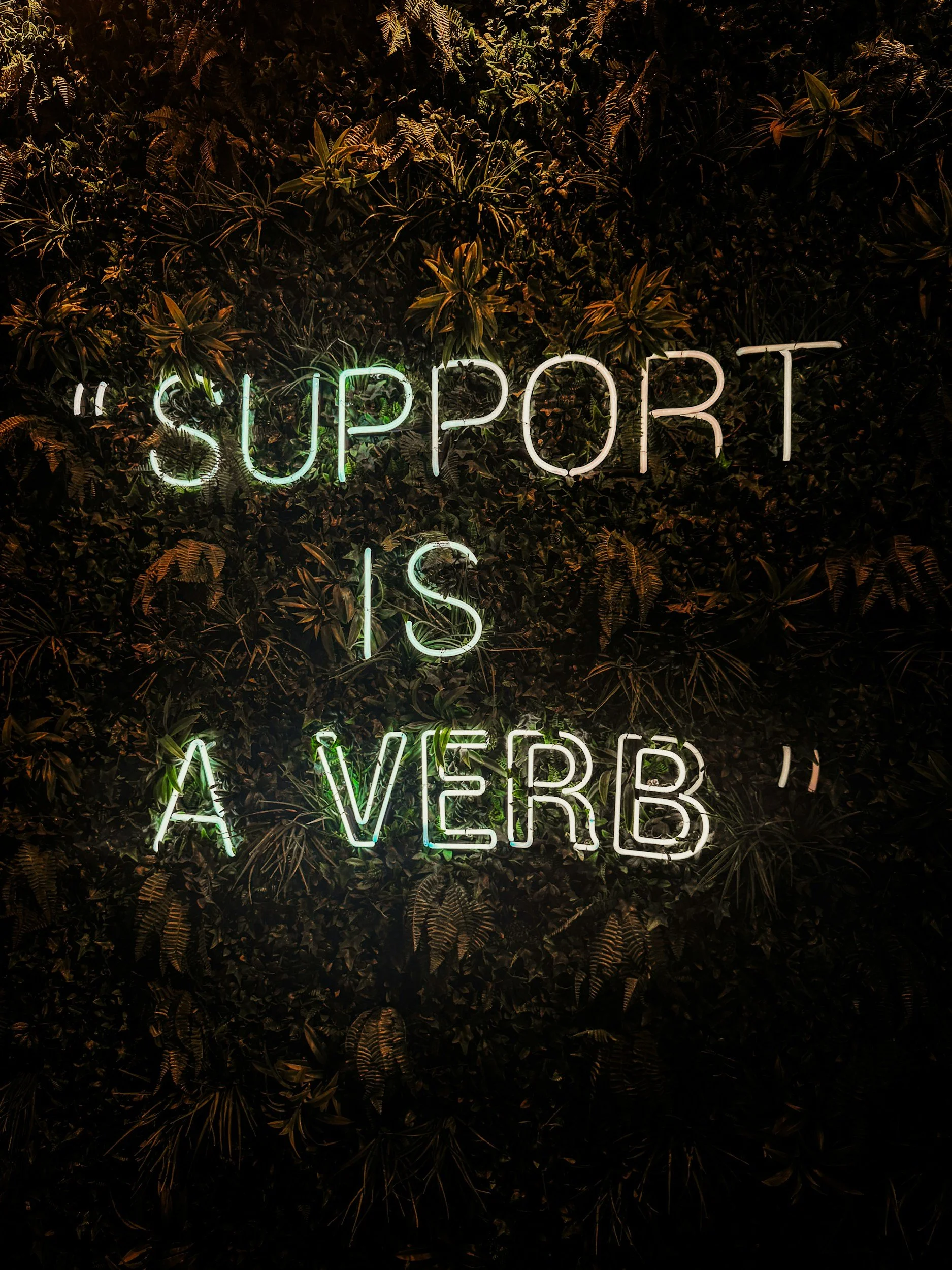 Neon sign spelling 'SUPPORT IS A VERB' against a dark leafy background.