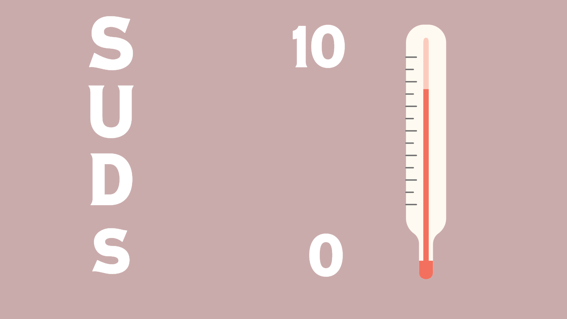 A pink background with large white text spelling 'SUDS' on the left. To the right, a vertical thermometer shows a high temperature, with the red indicator near the top.