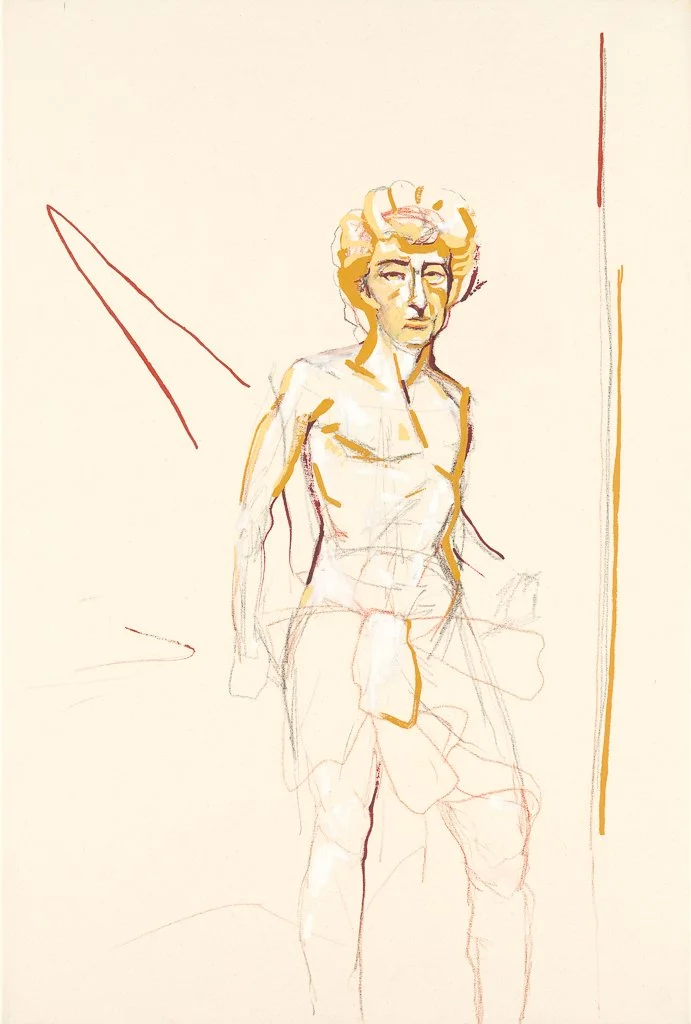 A sketch of a person with short hair, standing with one leg bent and hands behind their back, drawn with light and bold lines, with minimal background details.