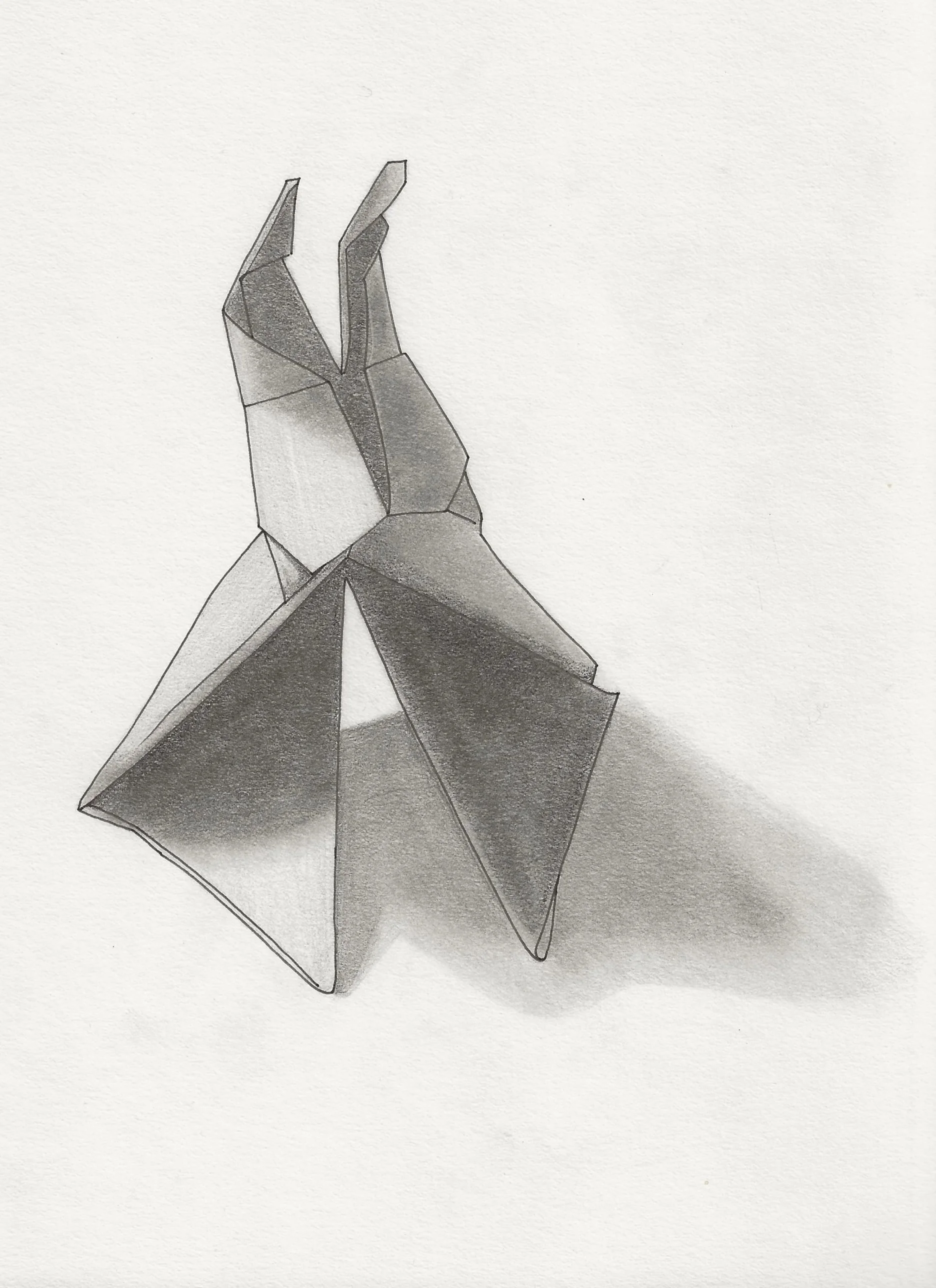 A pencil sketch of a geometric origami rabbit on white paper.