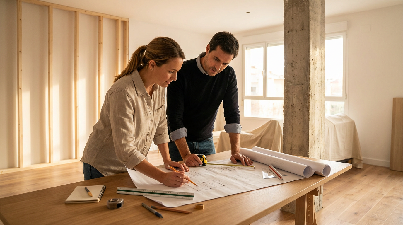 Two people working on a construction blueprint at a wooden table in a partially renovated room with a large concrete pillar and windows.