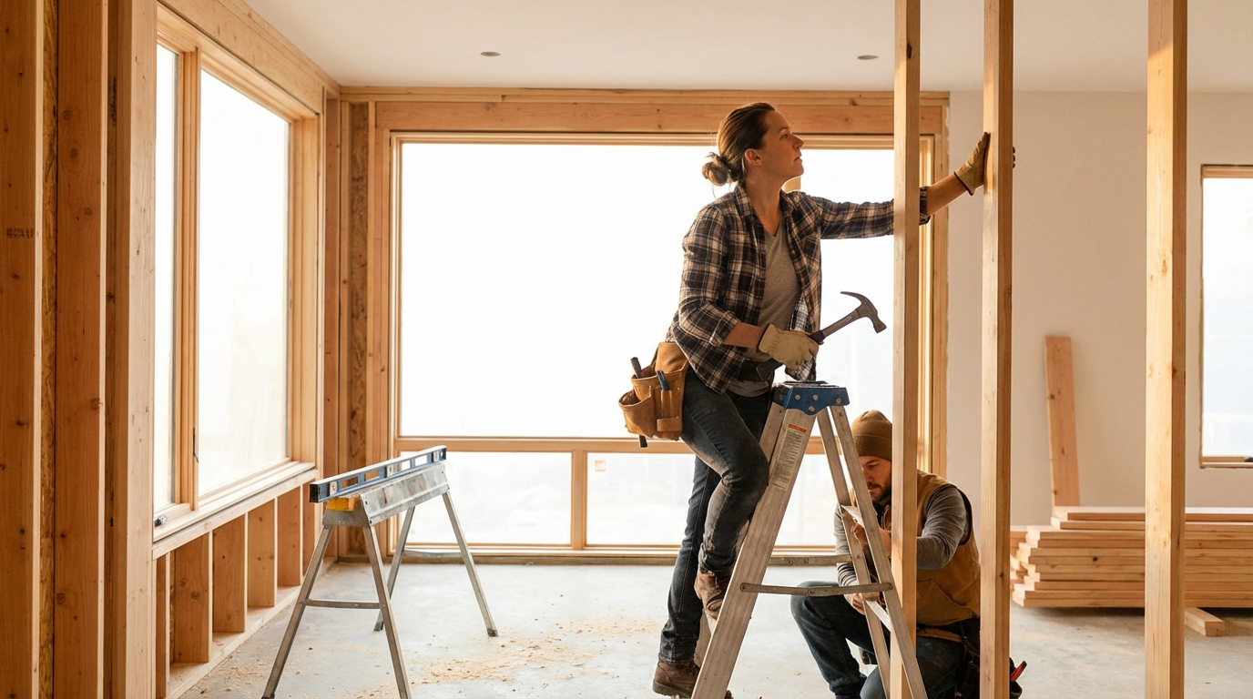 Woman and man working on a house renovation, with the woman on a ladder hammering a wall and the man below adjusting the ladder, inside a partially constructed room with wooden framing.