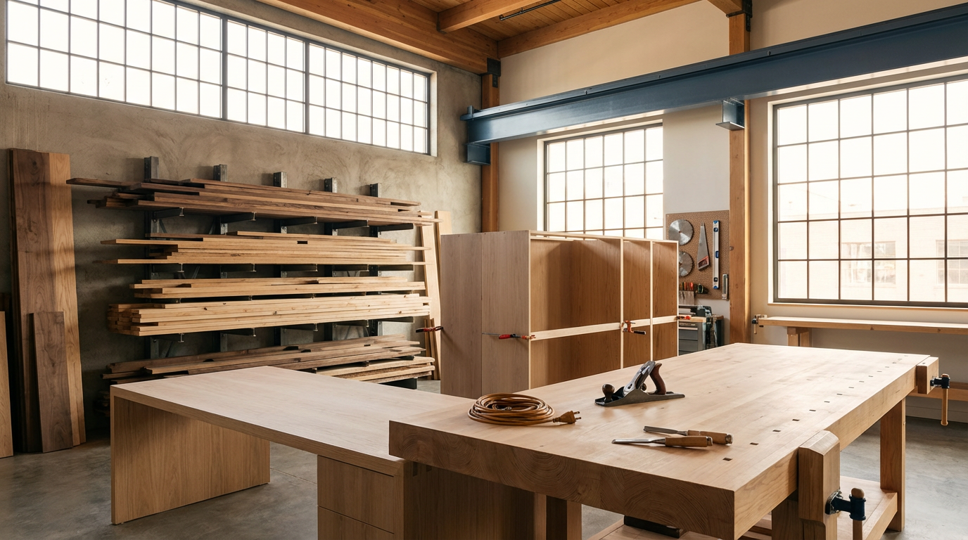 A woodworking shop with a large workbench, woodworking tools, and stacked lumber. Natural light from large windows illuminates the space.