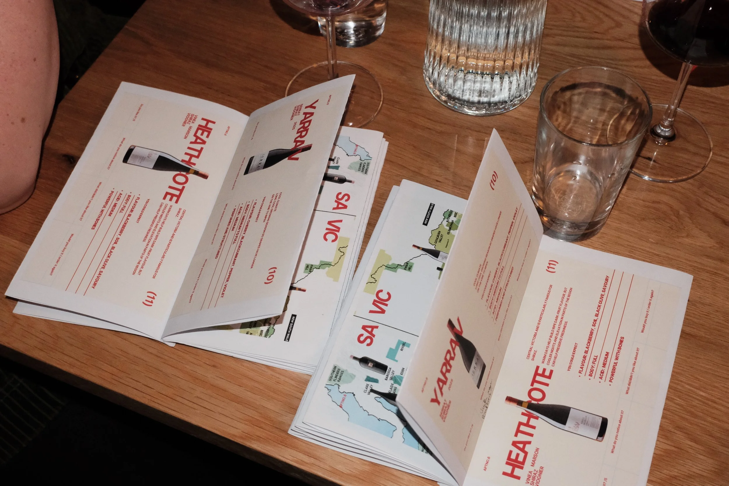 Food and drink menu papers on a wooden table with various glasses, including wine and water glasses.