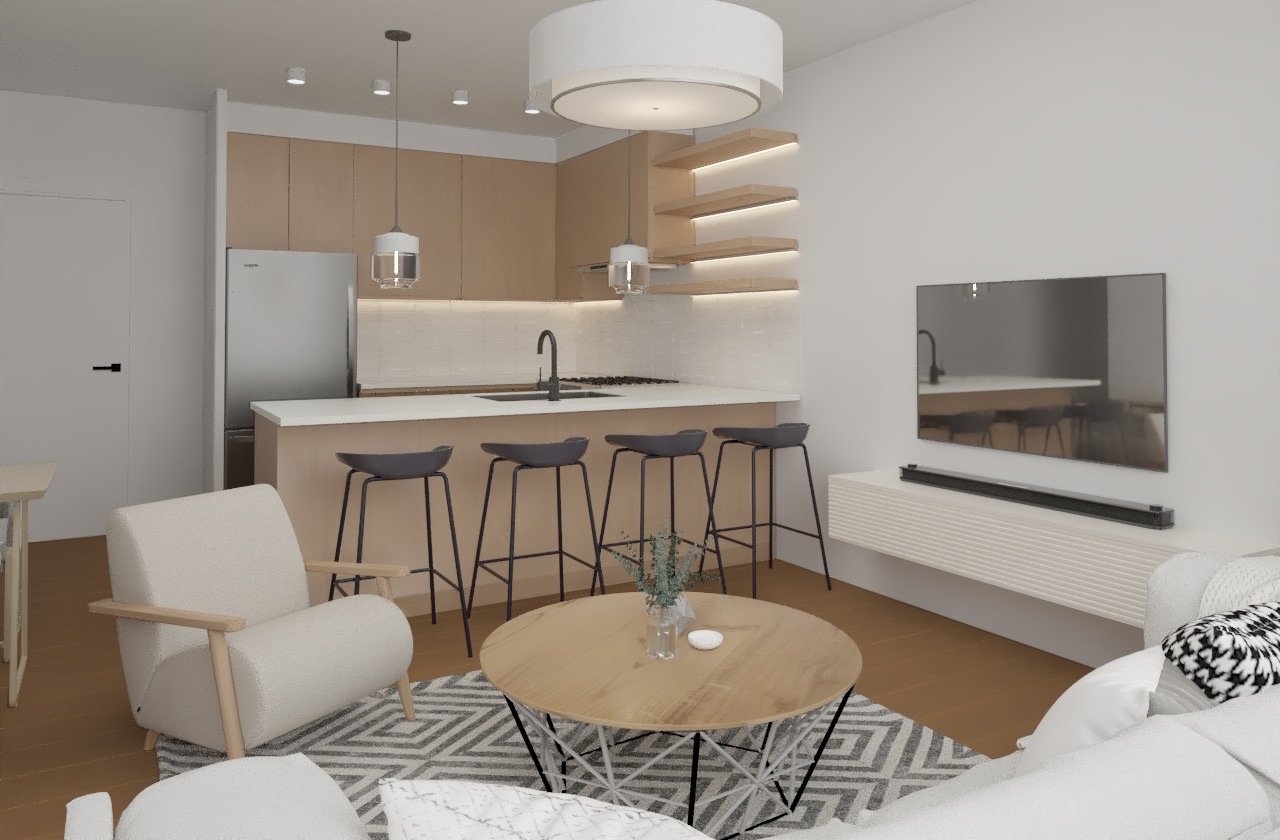 Architectural rendering of an open-concept kitchen and living area at S4 Flats, a residential development in Jackson, Wyoming.